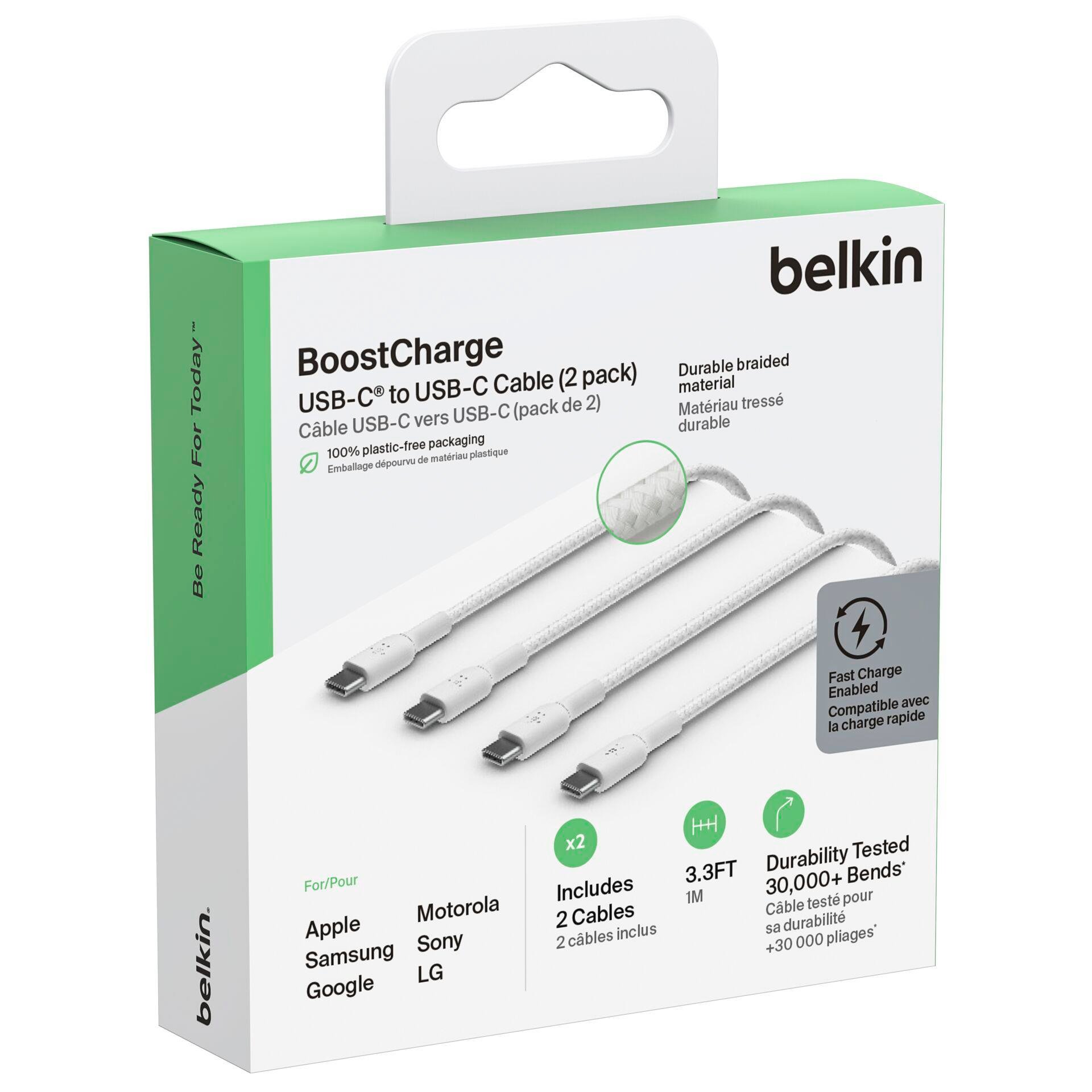  Belkin Type-C to Type-C Örgülü Kablo 1 Metre (İkili Paket) - Beyaz CAB004BT1MWH2PK