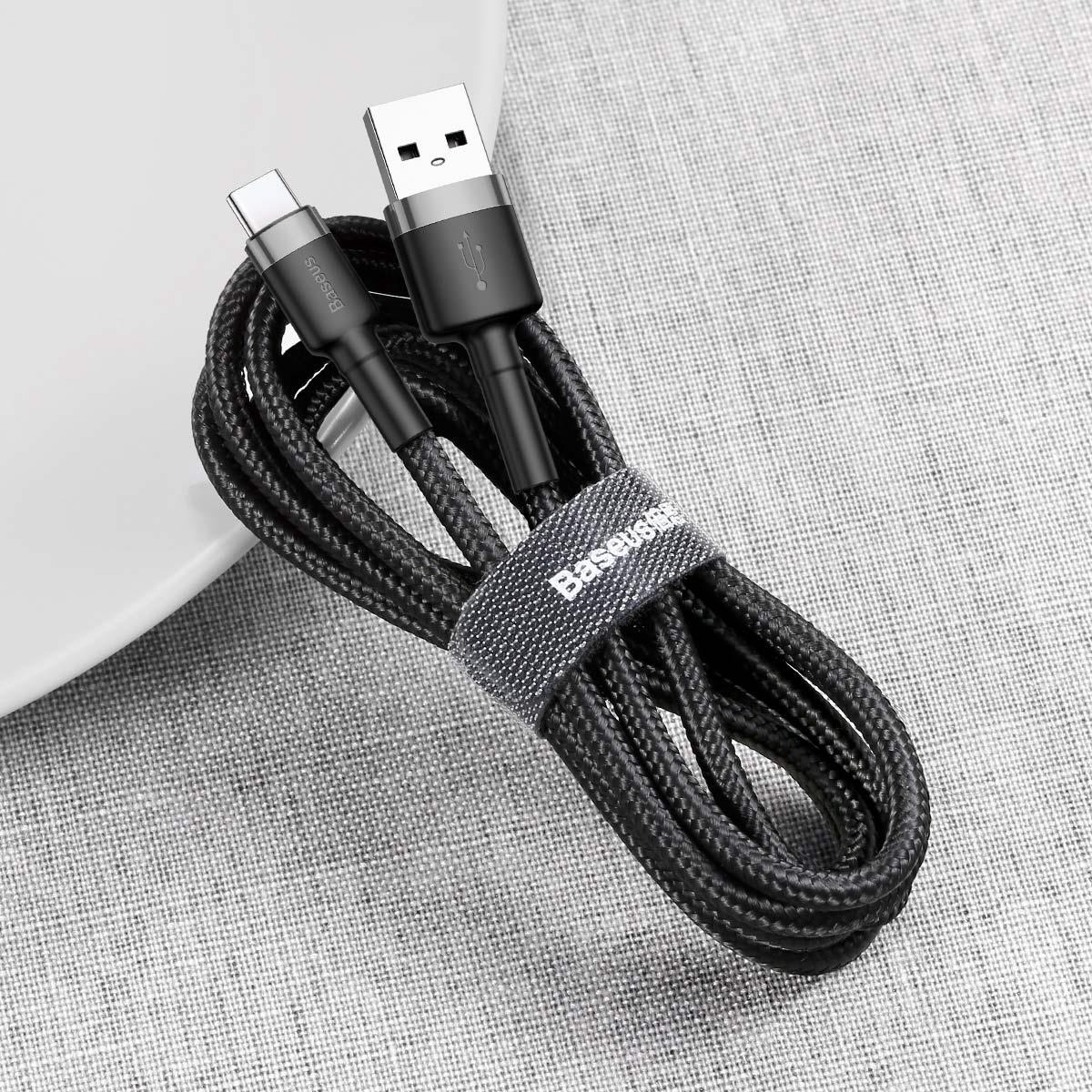 Baseus Cafule Şarj & Data Aktarım Kablosu, Gri - Siyah, 0.5m, 3 A, USB Kablo,USB A & USB-C CATKLF-A1