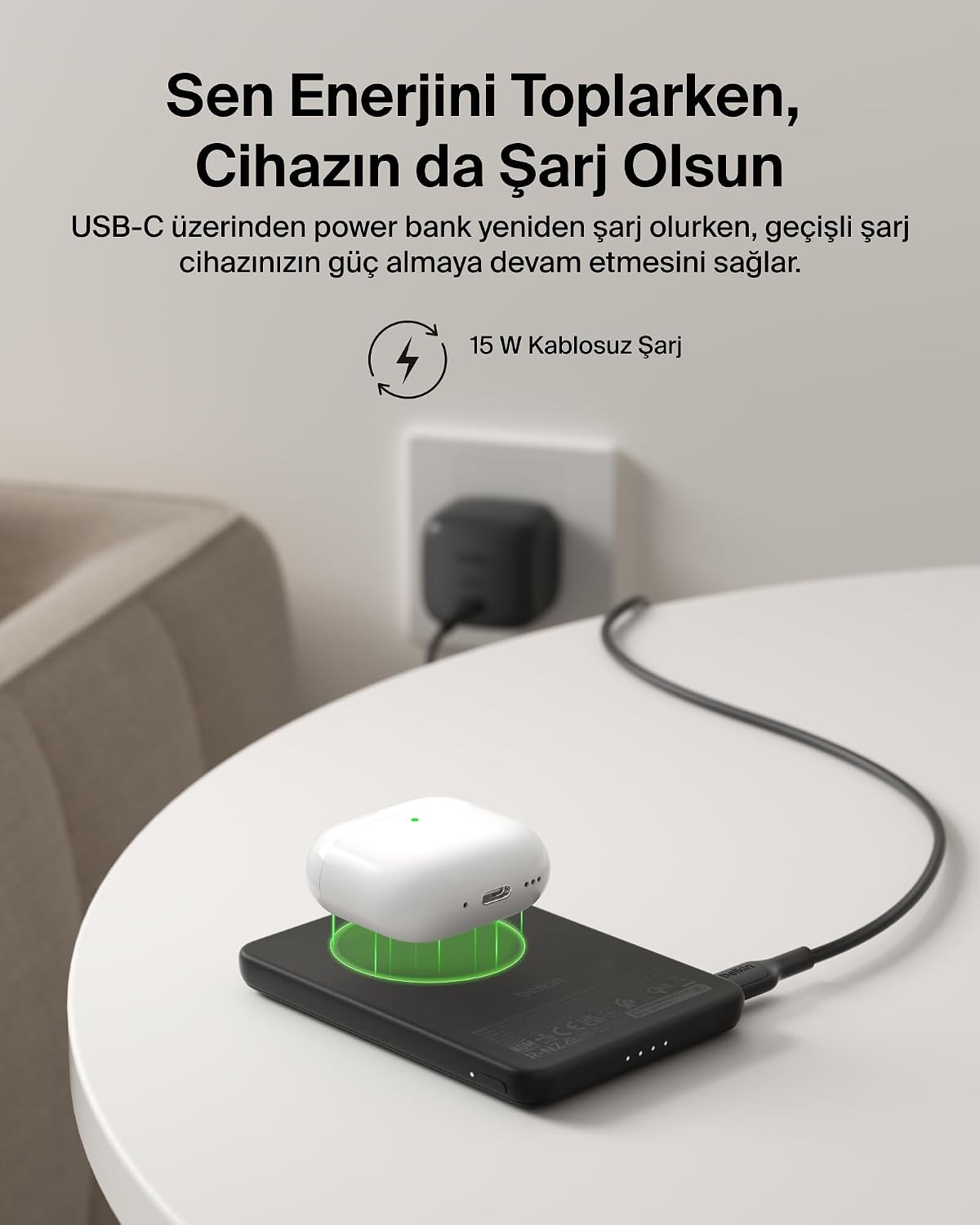 Belkin BoostCharge 5000 mAh İnce Manyetik Stantlı Power Bank, Siyah