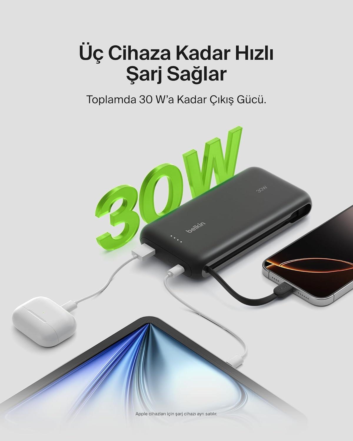 Belkin BoostCharge Powerbank, 20K Entegre Kablolu Taşınabilir Güç Kaynağı, 30 W Güç İletimli Hızlı Şarj, USB-C, Siyah