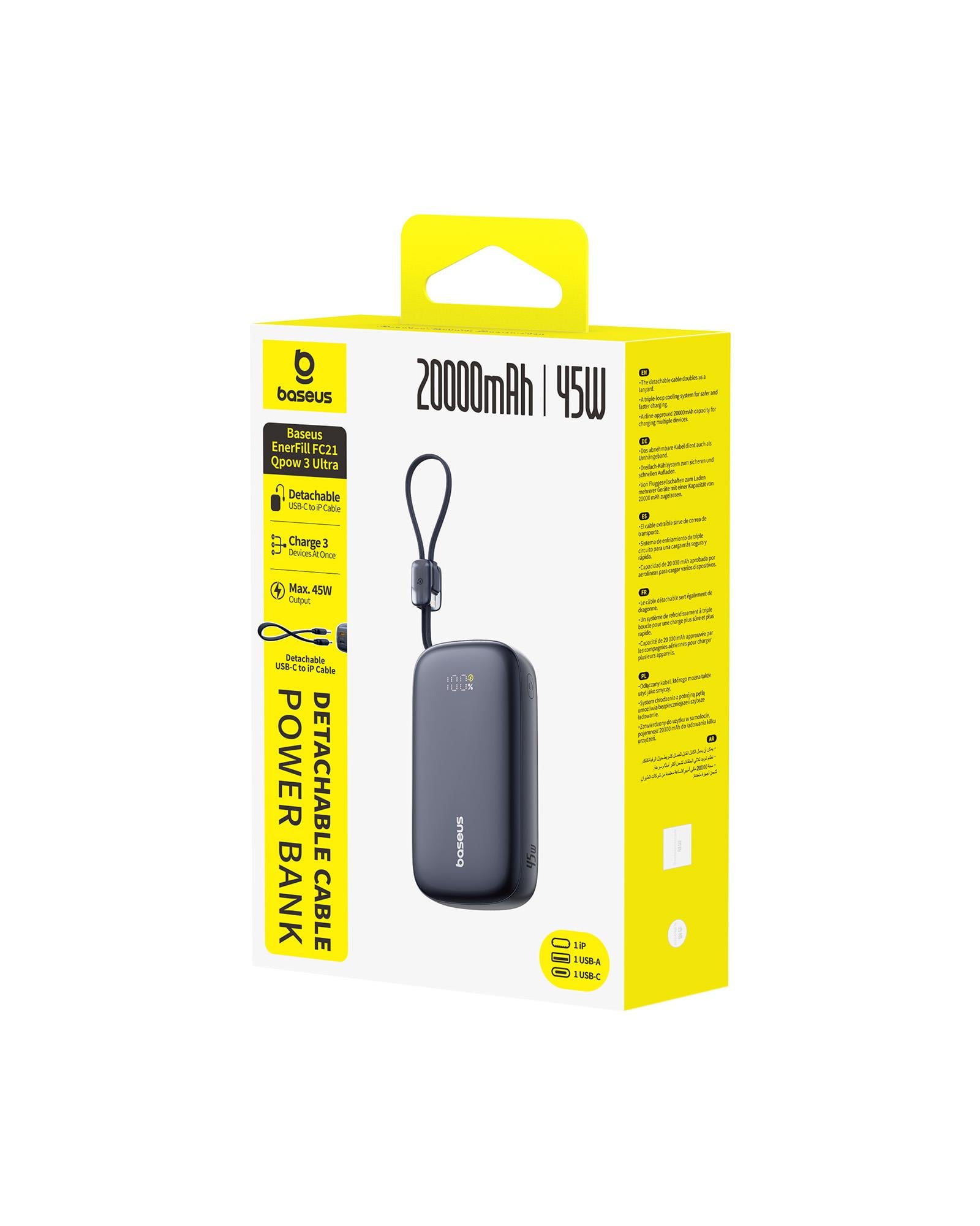 Baseus EnerFill FC21 QPow3 Ultra Dijital Göstergeli Powerbank 20.000 mAh 45W - Siyah (Ayrılabilir kablo ile)