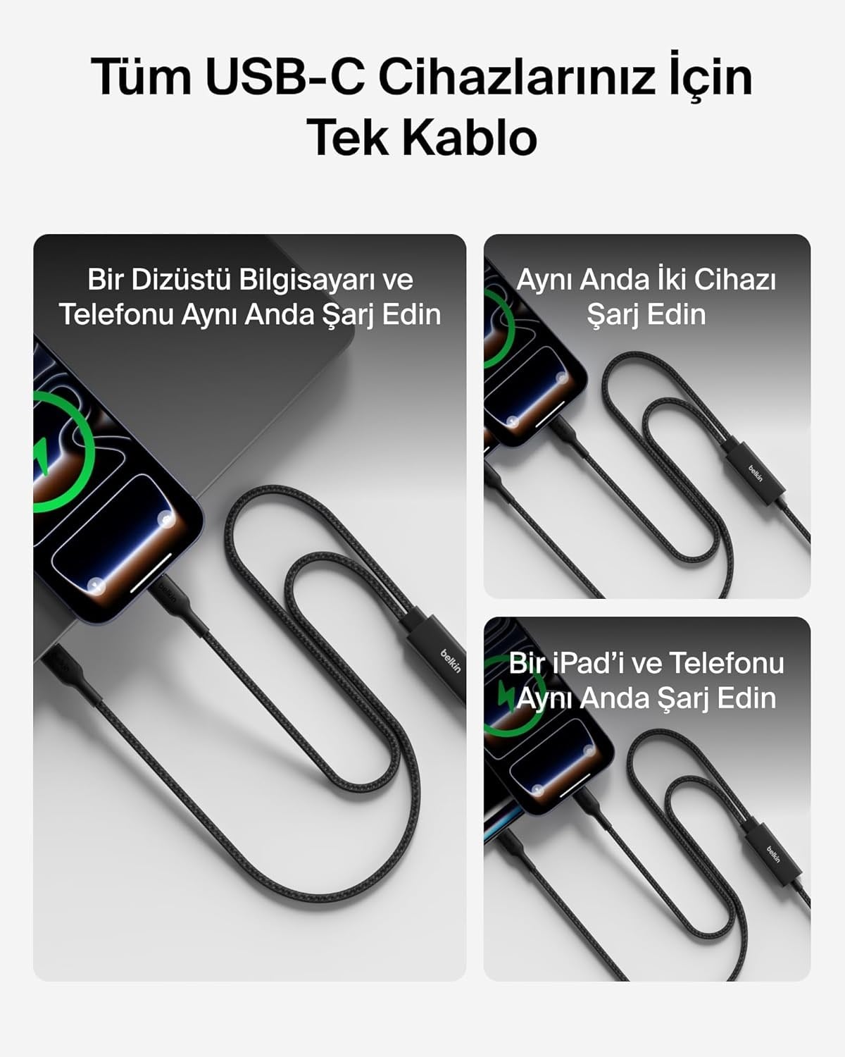 Belkin BoostCharge Pro 2'si 1 Arada 140 W USB-C - USB-C Örgülü Çift Şarj Kablosu, 1.5M, Siyah