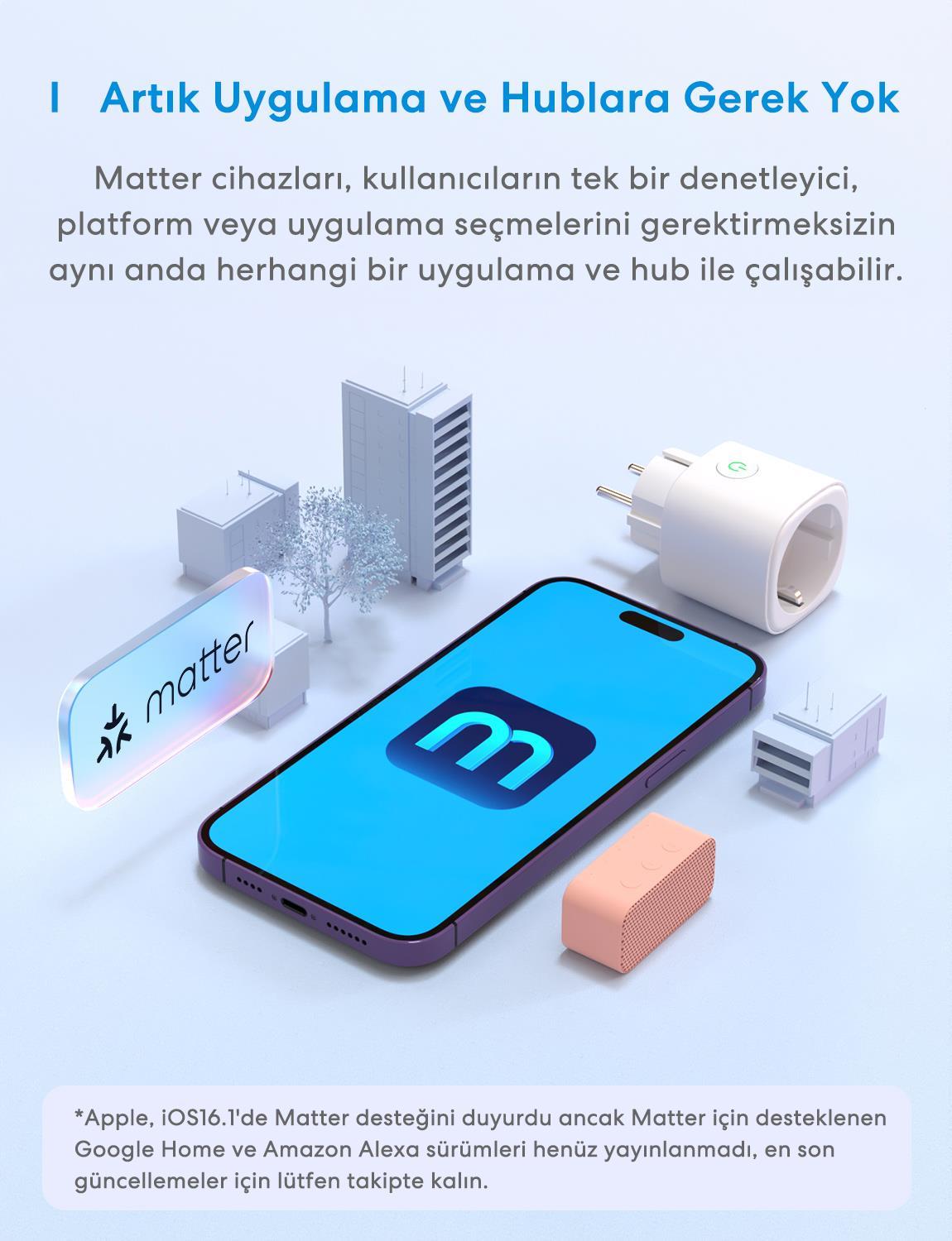 Meross Matter Akıllı Wi-Fi Mini Priz 3'li Paket (Apple HomeKit, Alexa ve Google Home Destekli)