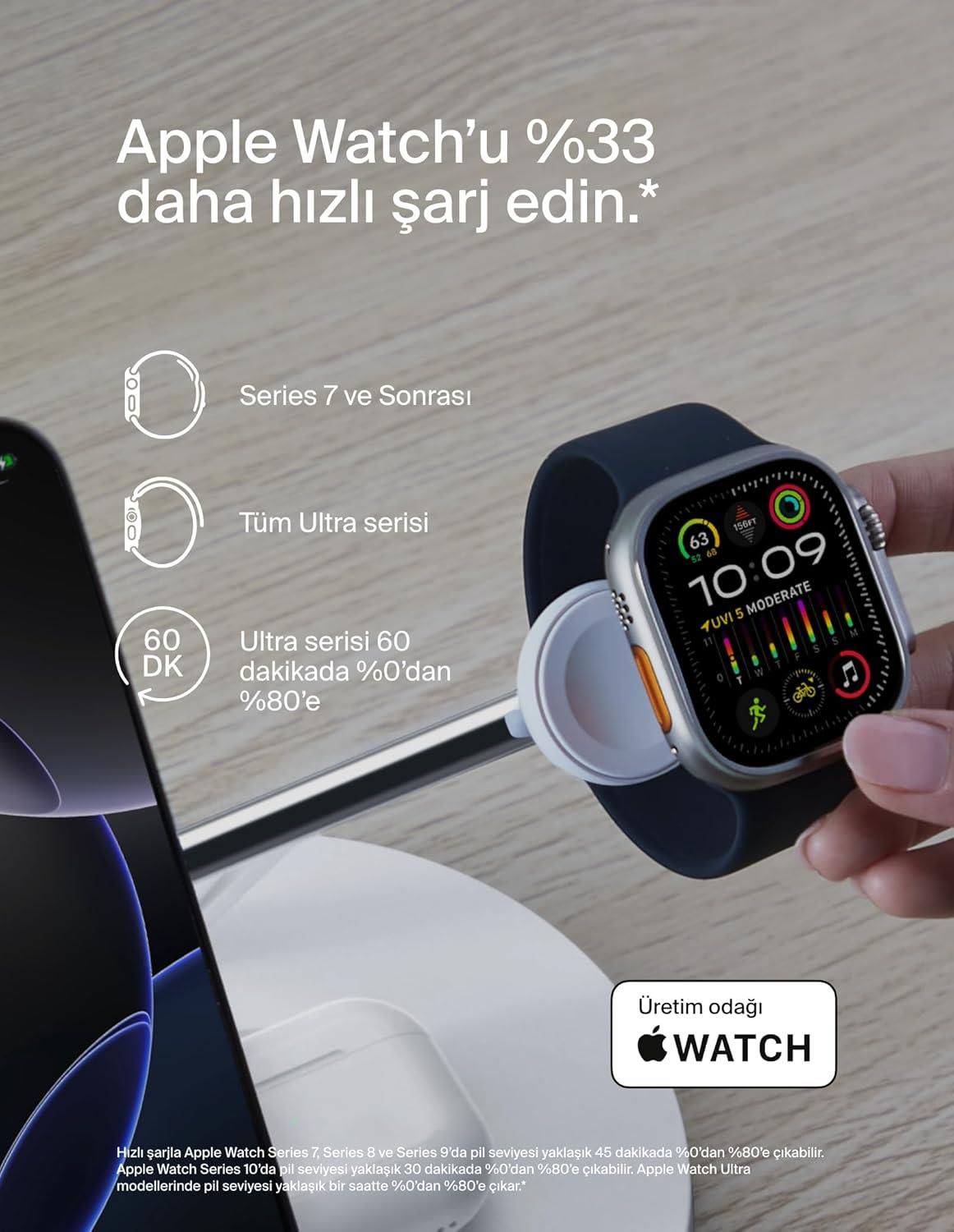 Belkin BoostCharge 3'ü 1 Arada, Qi2 MagSafe Kablosuz Şarj İstasyonu, Beyaz