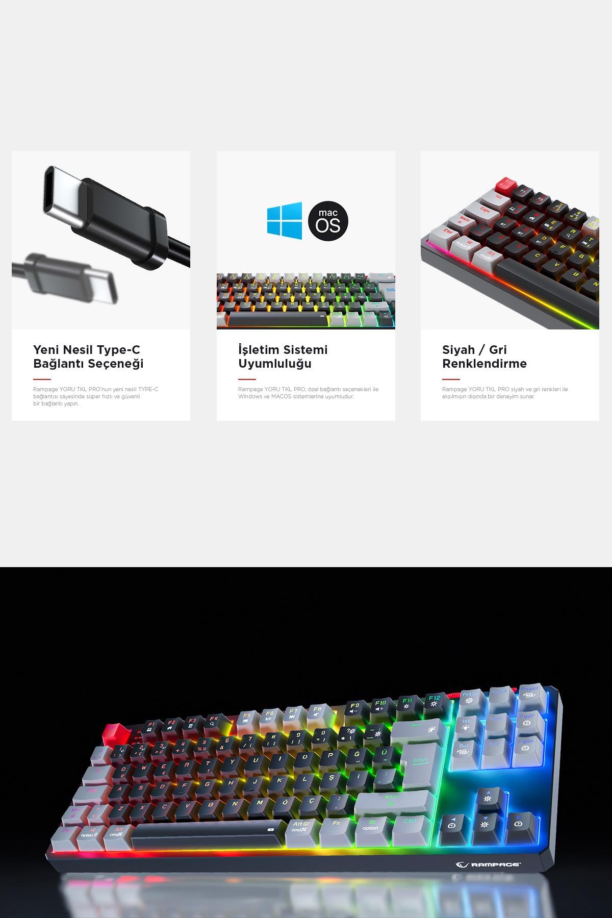 Rampage YORU TKL PRO Siyah/Gri 2.4ghz+BT5.0+Type-C 5 Bağlantı OUTEMU Red Swich Q Mekanik Gaming Oyuncu Klavye RGB