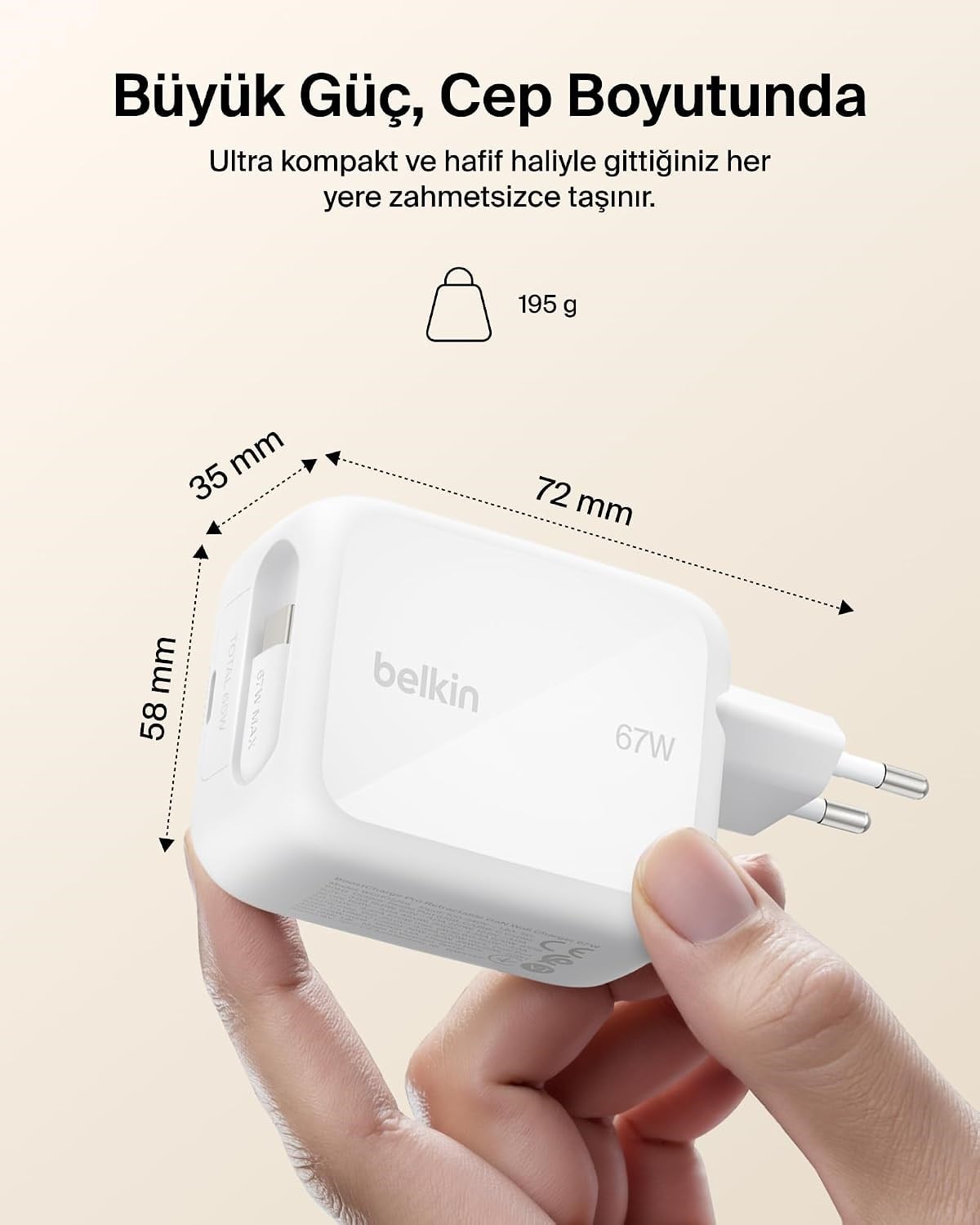 Belkin UltraCharge 67 W GaN Şarj Aleti, 0,8 m Geri Çekilebilir USB-C Kablo ile, Beyaz