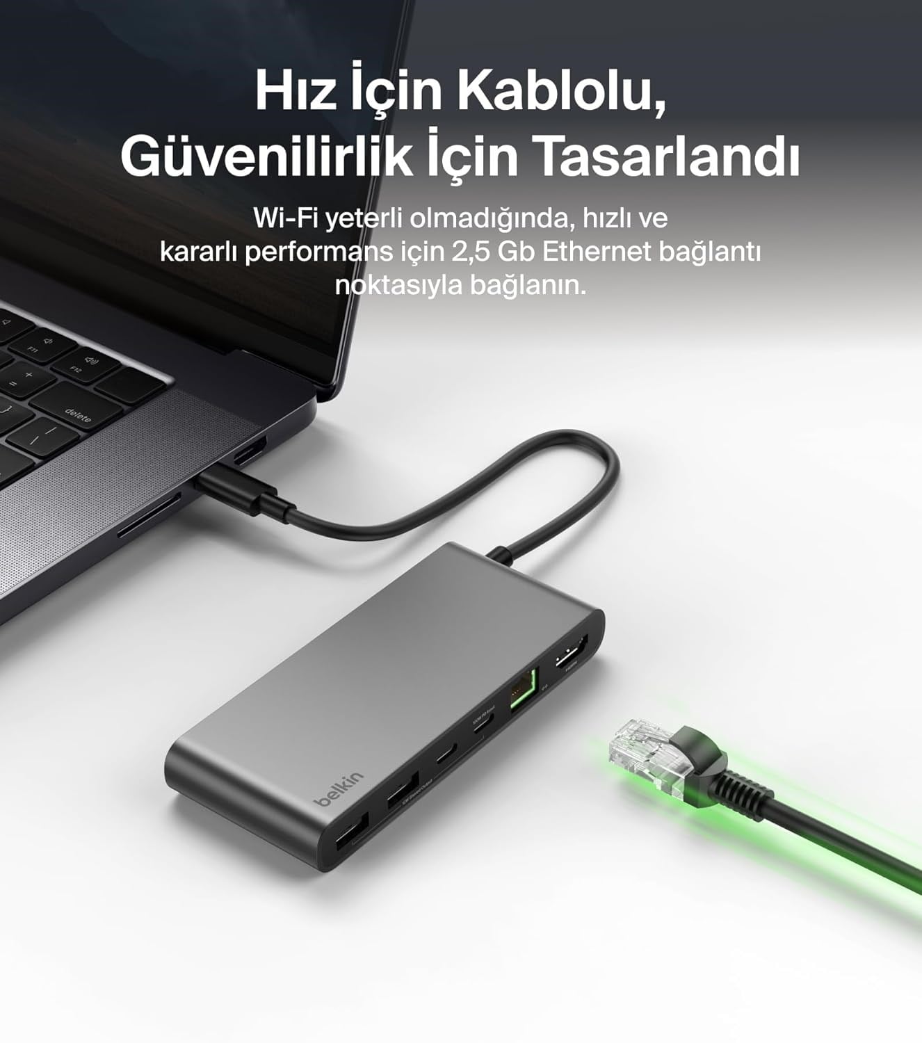 Belkin Connect 8 Portlu USB-C Hub, 4K@60Hz'100 W PD, 10 Gbps veri aktarım hızı ve 2,5 Gbps Ethernet - Gri