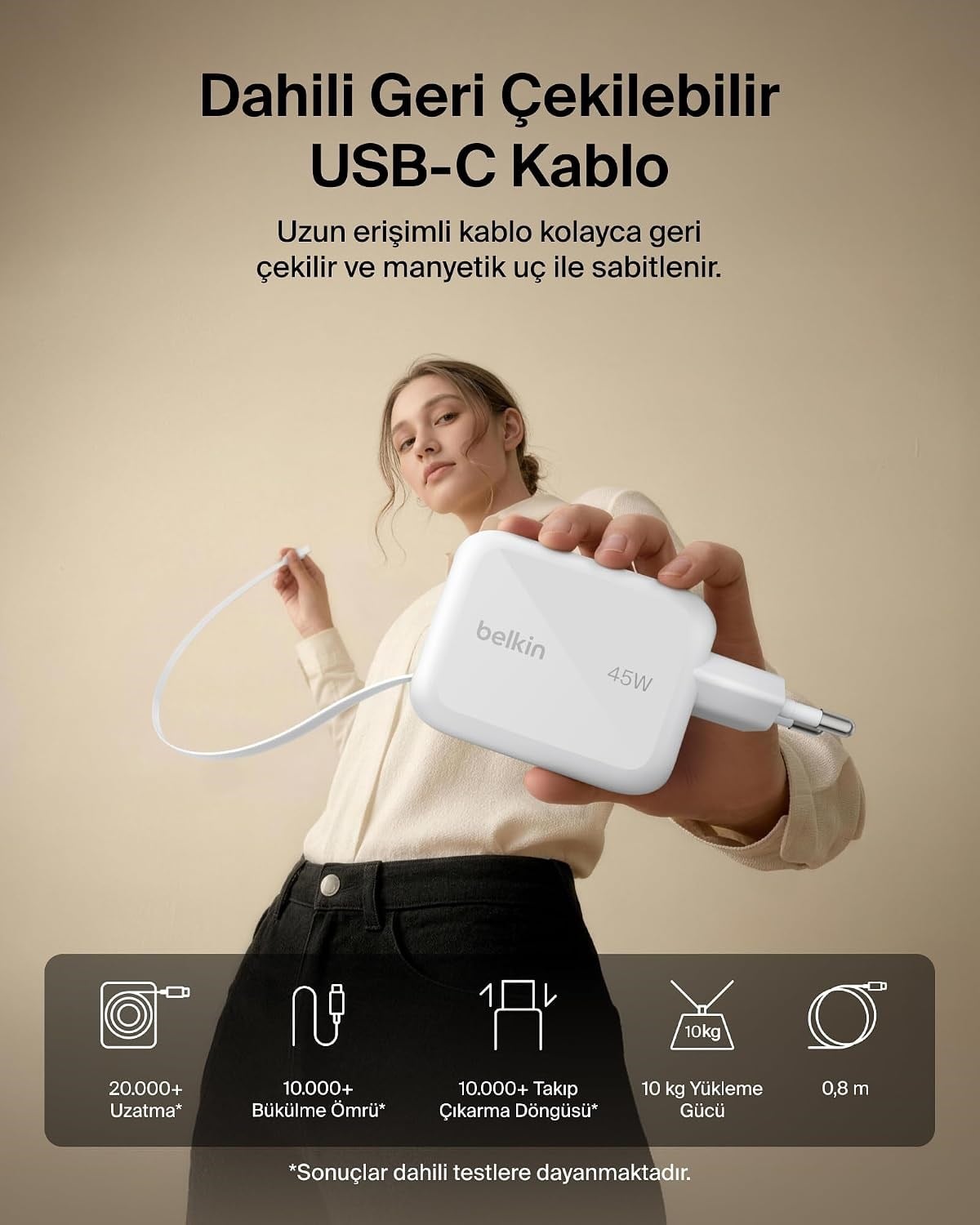 Belkin UltraCharge 45 W Şarj Aleti, 0,8 m Geri Çekilebilir USB-C Kablo