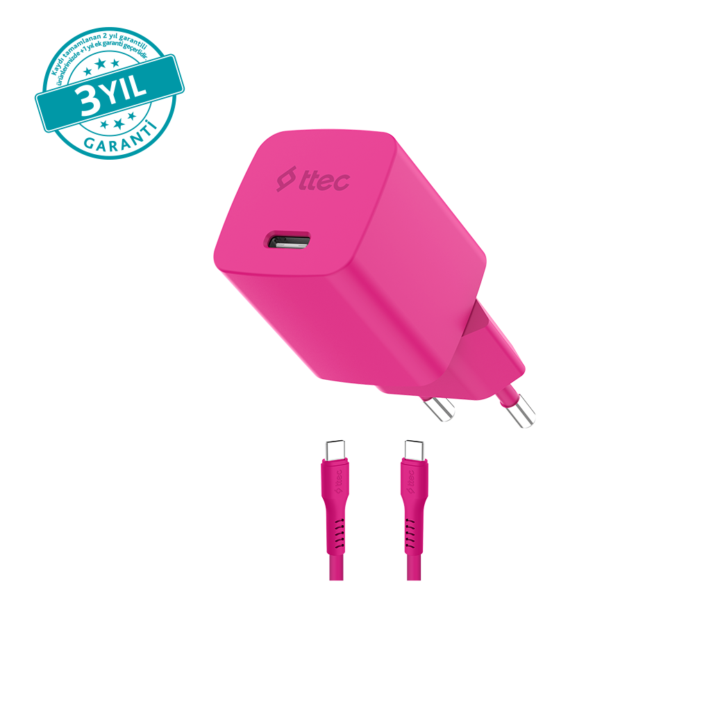 ttec SmartCharger GAN 45W AVS PD Seyahat Hızlı Şarj Aleti + USB-C - USB-C 3A Kablo Neon Neon Pembe