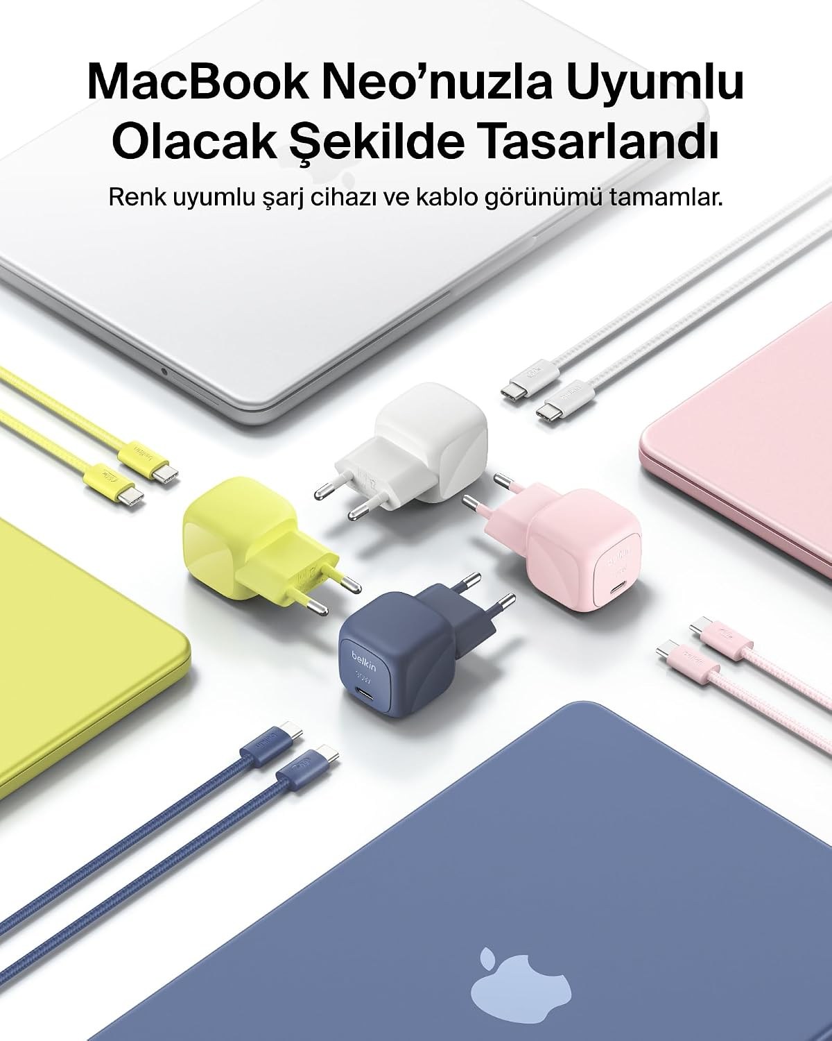 Belkin BoostCharge 30 W USB-C GaN Şarj Cihazı + 2 m Örgülü USB-C Kablo dahil, Mavi