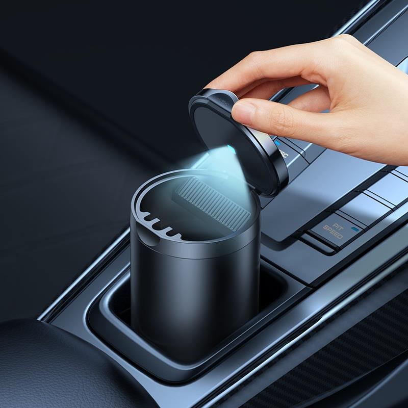 Baseus Premium 2 Serisi Araba Küllüğü - Ortam LED Işığı ve Araba Bardak Tutucuları için Su Geçirmez Tasarıma Sahip Taşınabilir Alüminyum Alaşımlı Küllük - Siyah