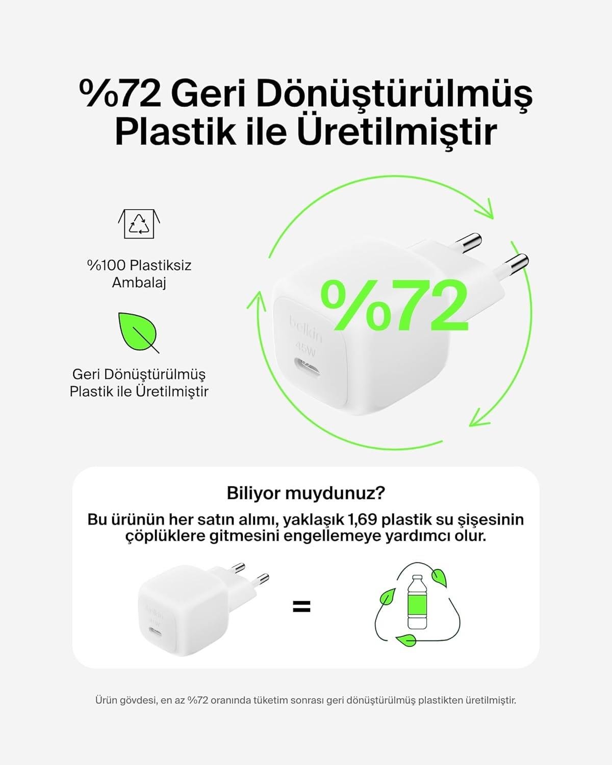 Belkin Kompakt 45 W USB-C Güç İletimli Hızlı Şarj, Beyaz