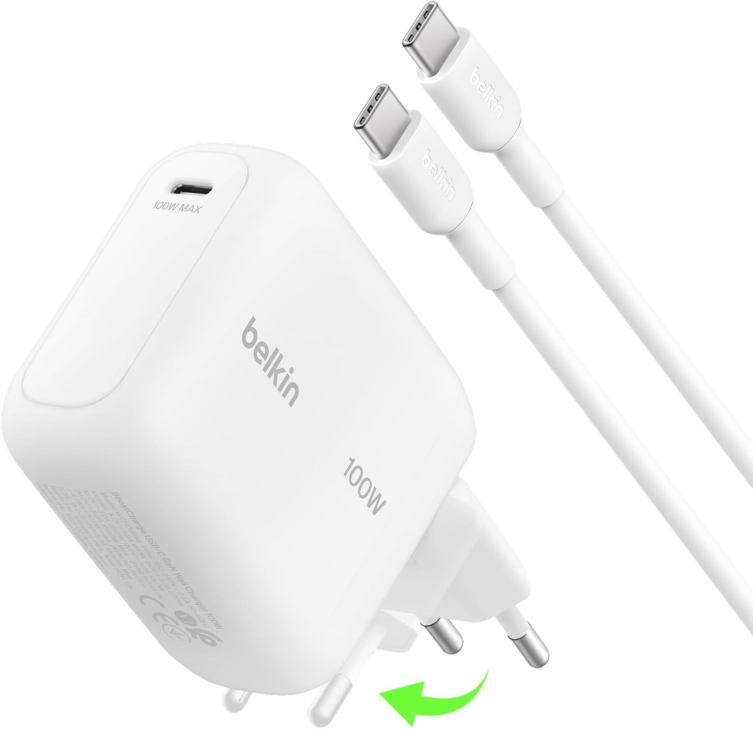 Belkin BoostCharge USB-C Fiş Tipi Şarj Cihazı 100 W, GaN Kompakt ve Katlanabilir MacBook ve İphone için Hızlı Şarj, 1,5 m USB-C Kablo dahil