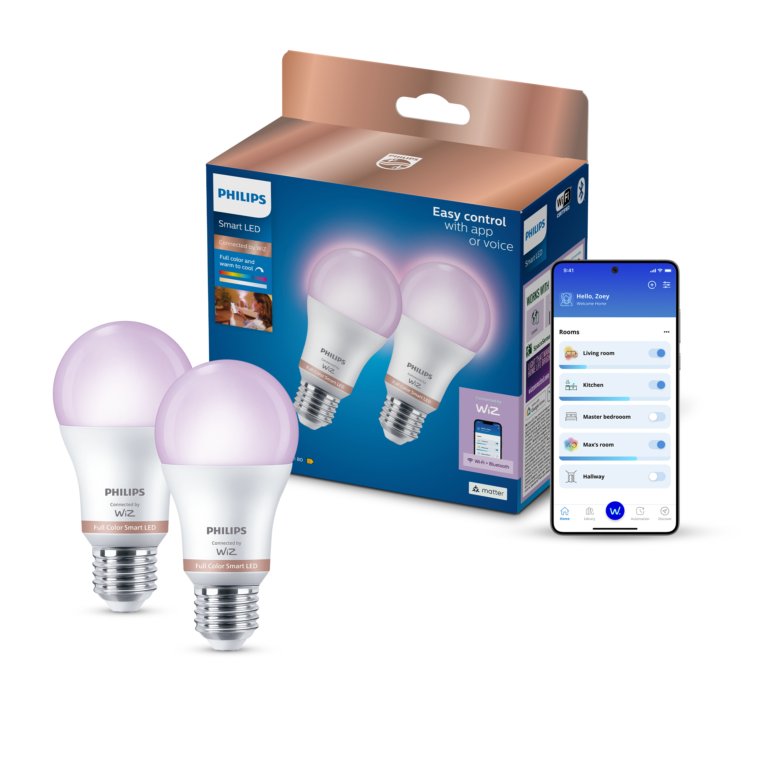 Philips Smart Lighting LED Ampul A60 E27 100W Eşdeğer RGB 2'li Paket - Google Home, Alexa, HomeKit ve Matter uyumlu