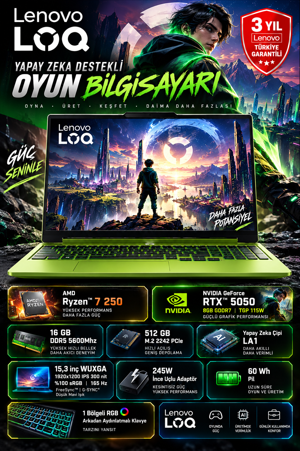 Lenovo LOQ 15AHP11 AMD Ryzen 7 250 16GB 512GB SSD RTX 5050 8GB (115W) 15.3