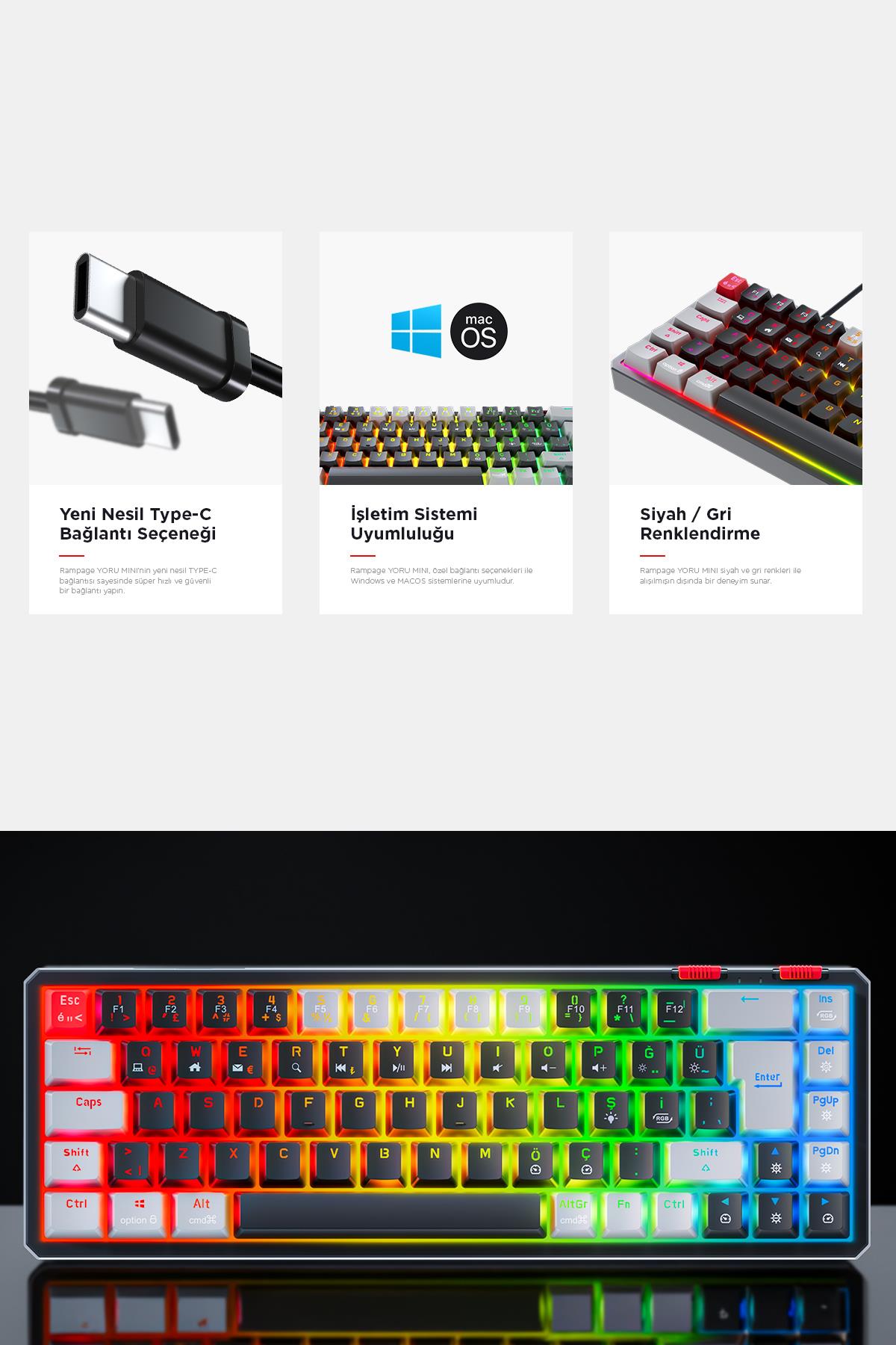 Rampage YORU Mini Siyah/Gri Type-C Bağlantılı OUTEMU Red Swich Q Mekanik Gaming Oyuncu Klavye RGB