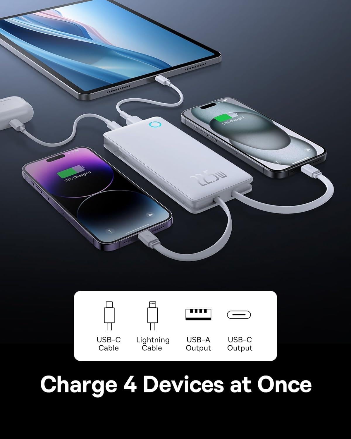 Baseus Airpow Lite Power Bank 10000mAh 22.5W Dual-Cable, Moon White