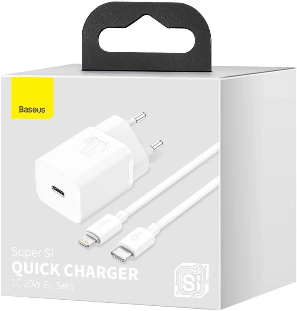 Baseus Super Si PD 20W USB-C & USB-C Kablo ve Hızlı Şarj Cihazı Seti - Beyaz
