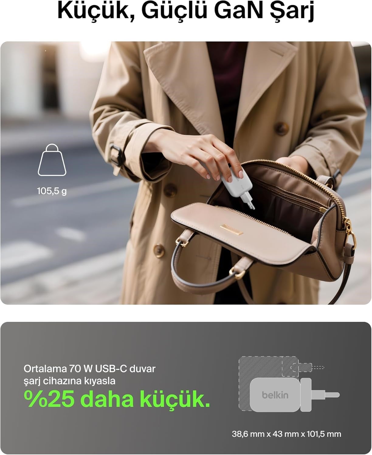 Belkin 3 Bağlantı Noktalı USB-C Şarj Cihazı, 70 W, 2x USB-C ve 1x USB-A GaN