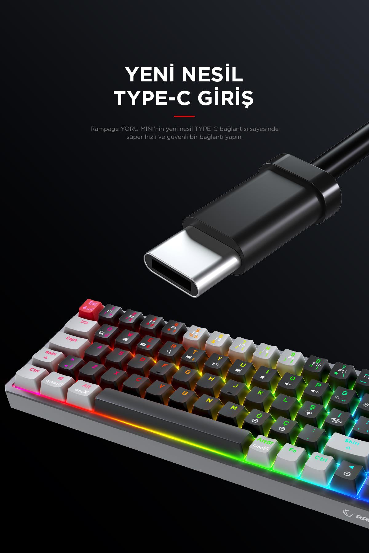 Rampage YORU Mini Siyah/Gri Type-C Bağlantılı OUTEMU Red Swich Q Mekanik Gaming Oyuncu Klavye RGB