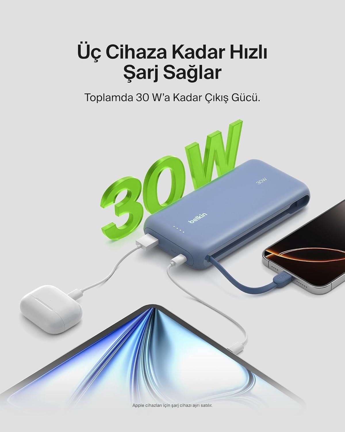 Belkin BoostCharge Powerbank, 20K Entegre Kablolu Taşınabilir Güç Kaynağı, 30 W Güç İletimli Hızlı Şarj, USB-C, Mavi