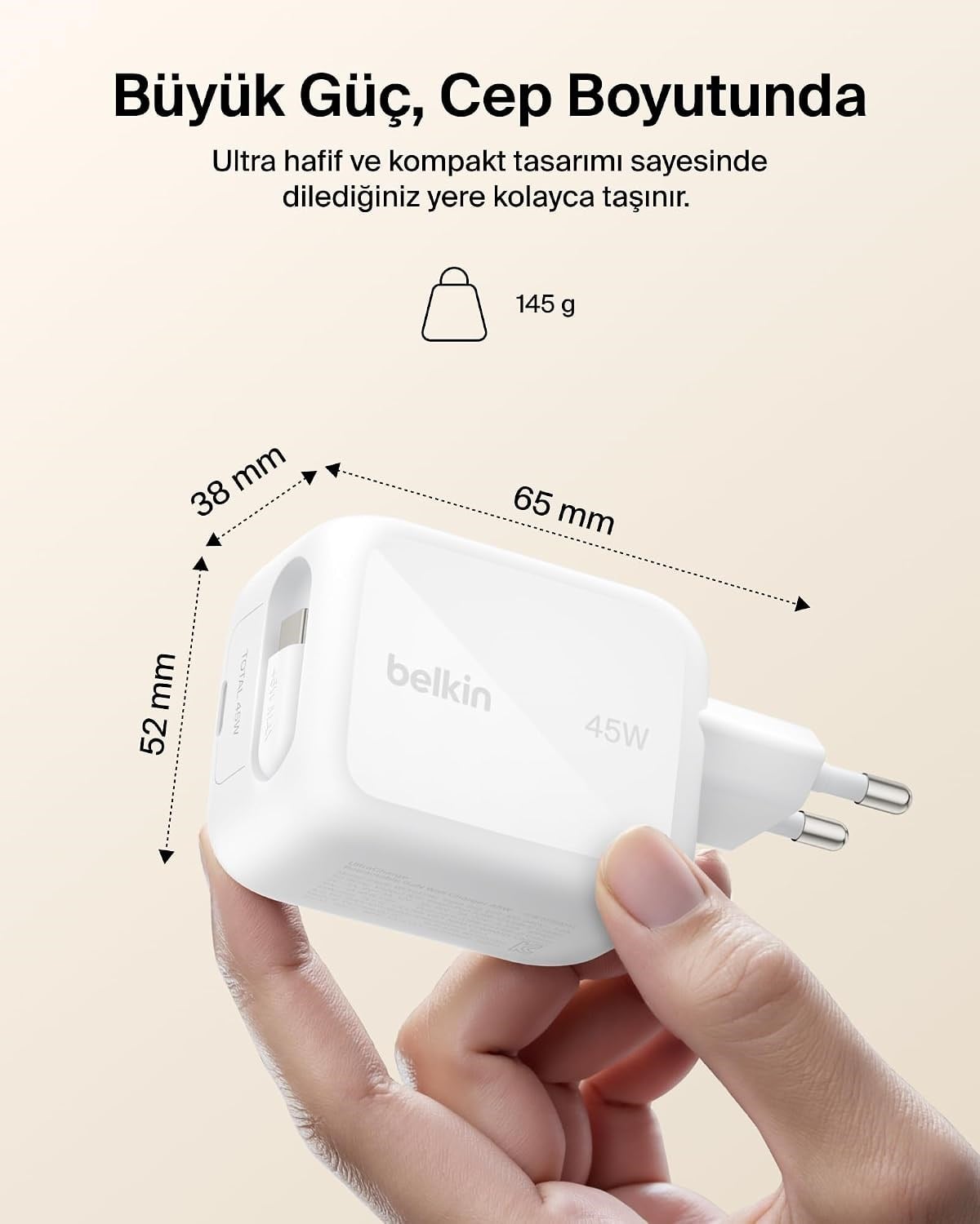 Belkin UltraCharge 45 W Şarj Aleti, 0,8 m Geri Çekilebilir USB-C Kablo