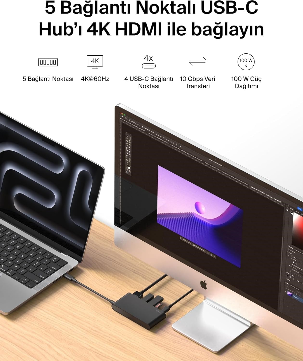 Belkin USB-C Hub, 5 Portlu Hub, 4K HDMI Görüntüleme, 60Hz, 100W Güç Dağıtımı, 10 Gbps Hızlı Veri Aktarımı, USB-C Çoklu Bağlantı Noktalı Adaptör
