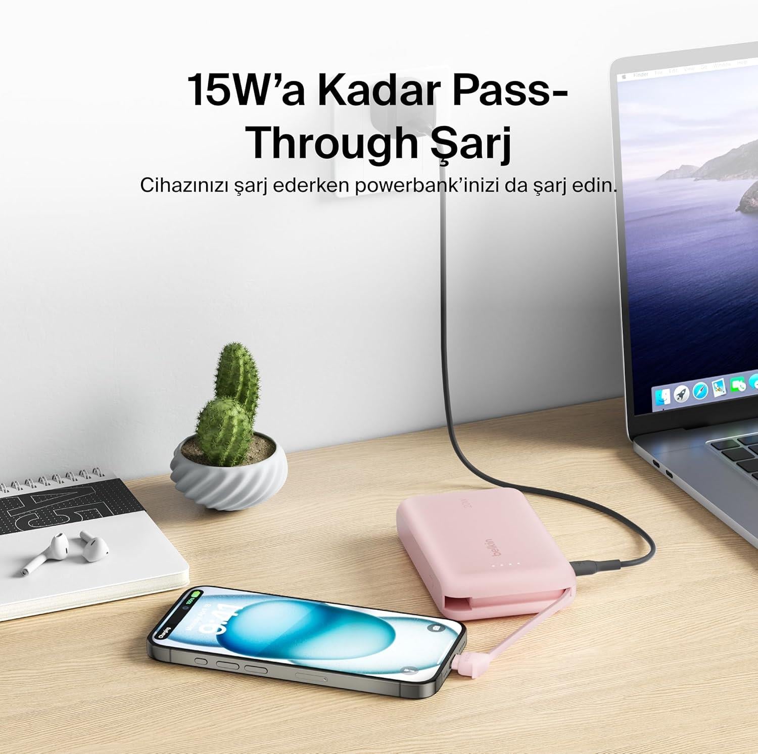 Belkin BoostCharge Powerbank, Entegre Type-C Kablolu 10K PD 20W, Pembe