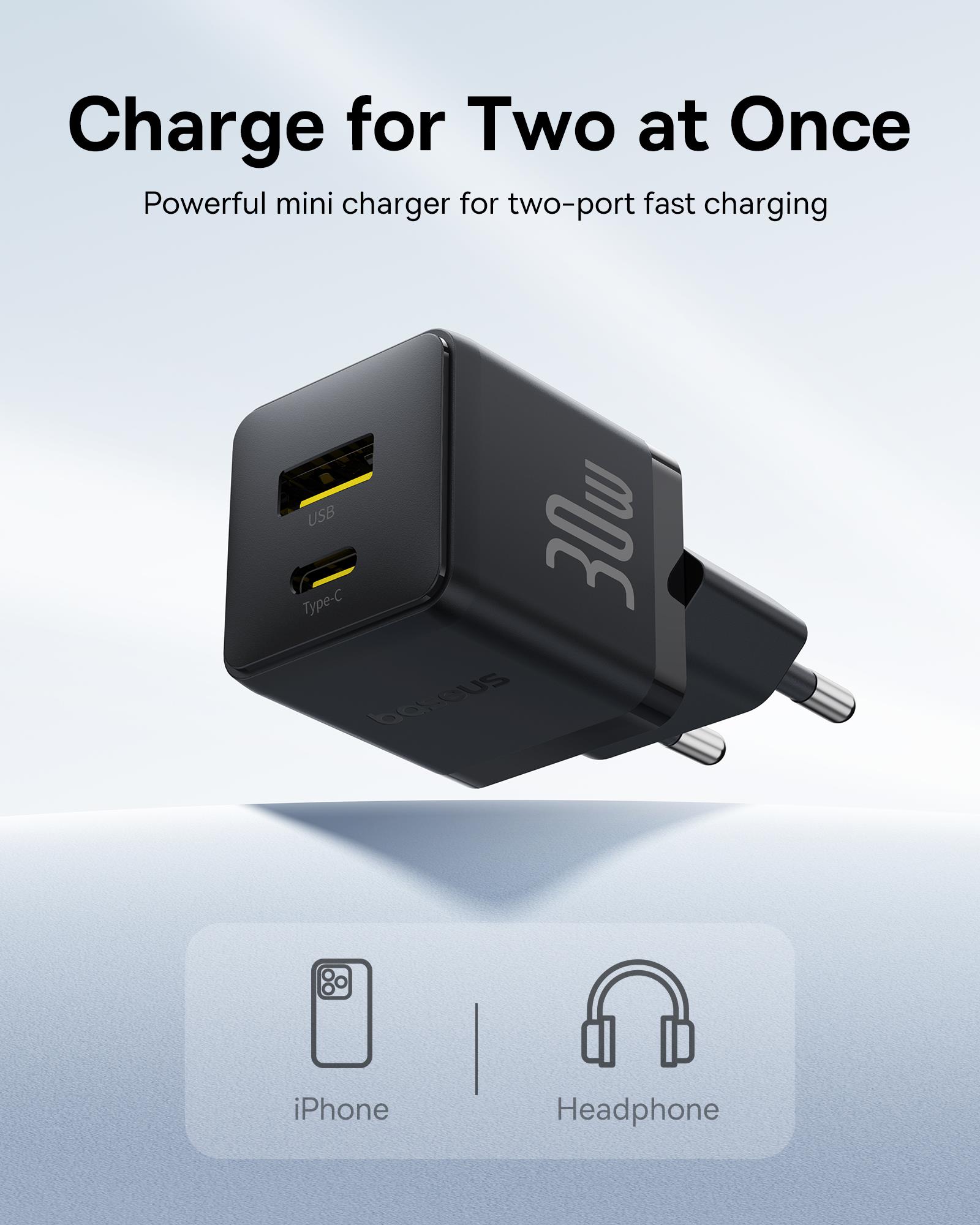 Baseus Palm USB C+U Ultra Mini Hızlı Şarj Aleti 30W, Siyah