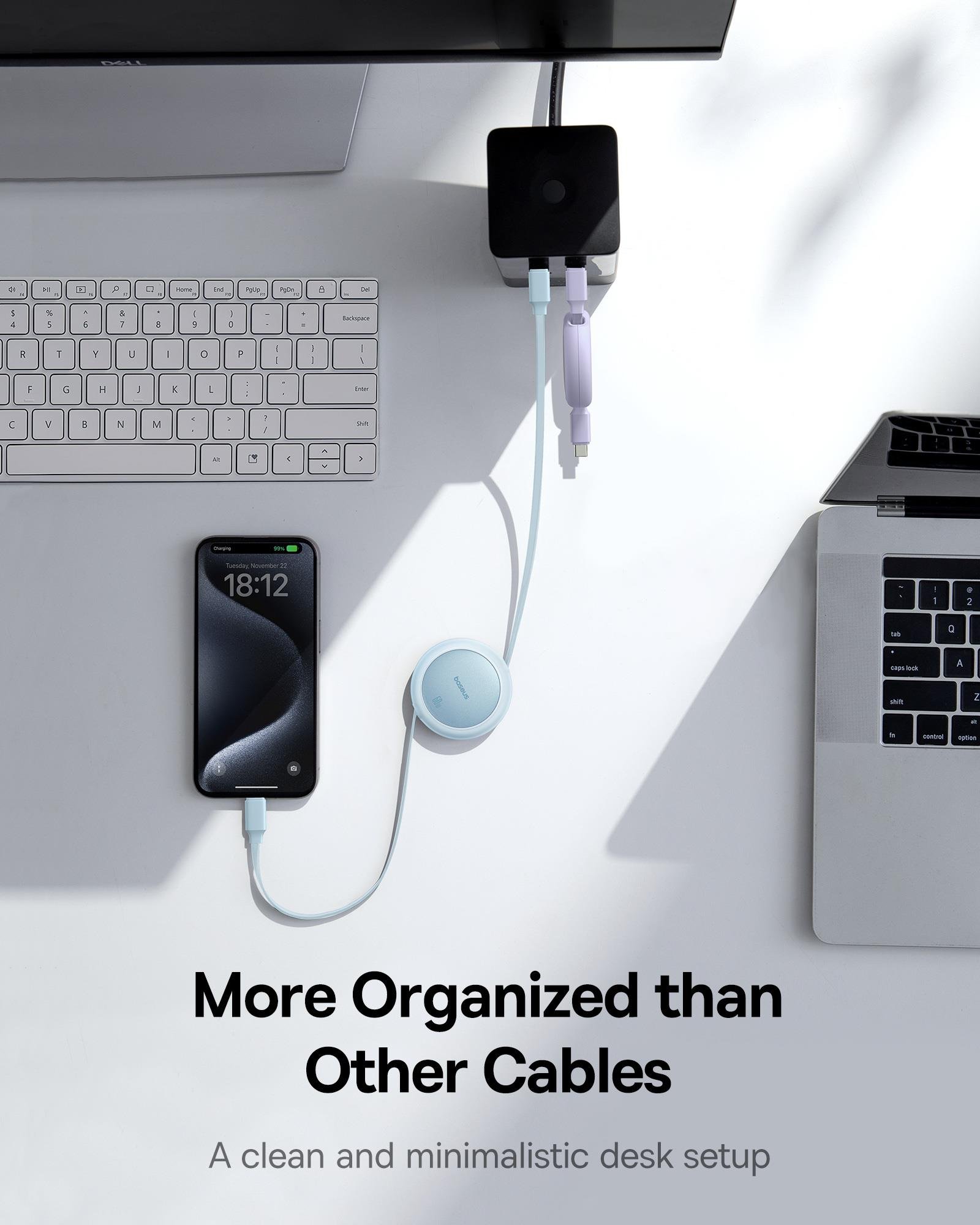 Baseus Free2Pull Mini Makaralı USB-C 60W Hızlı Şarj ve Data Kablosu, Mavi