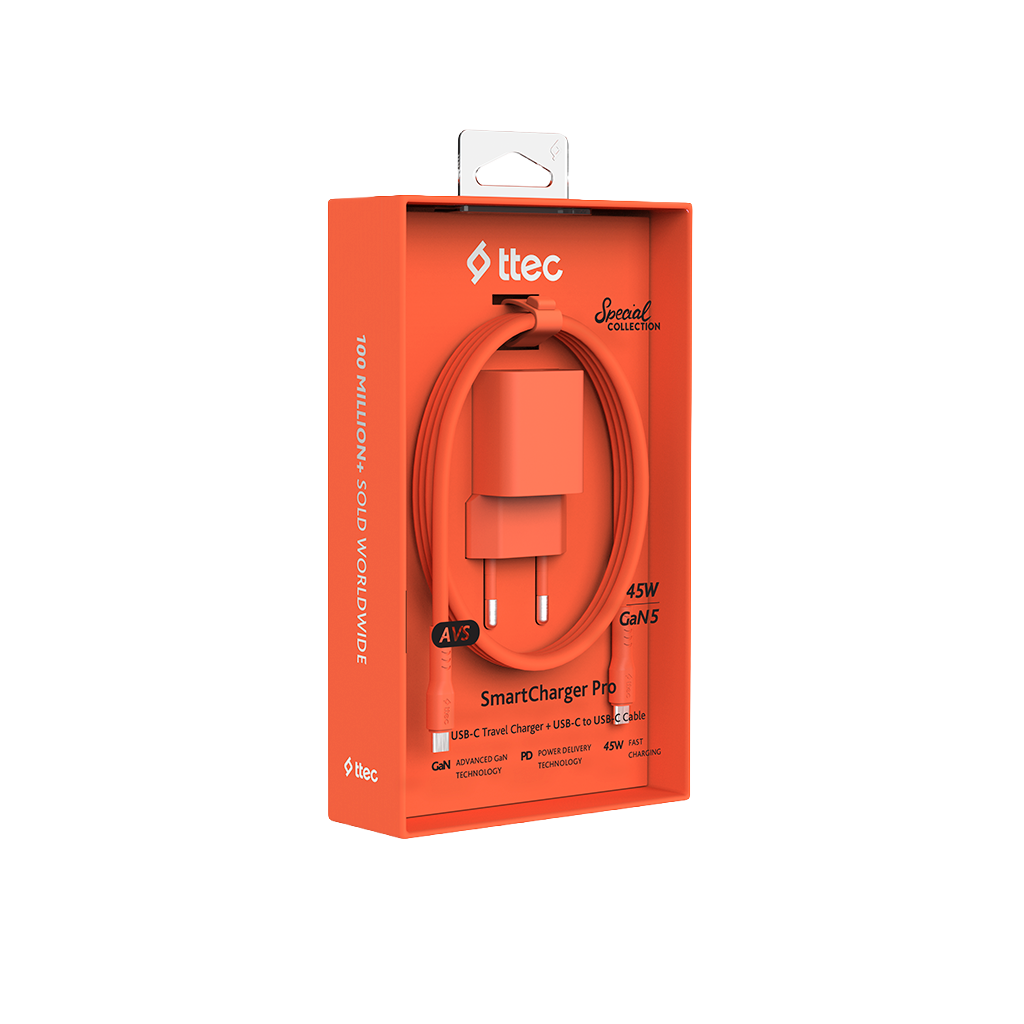 ttec SmartCharger GAN 45W AVS PD Seyahat Hızlı Şarj Aleti + USB-C - USB-C 3A Kablo Neon Neon Turuncu