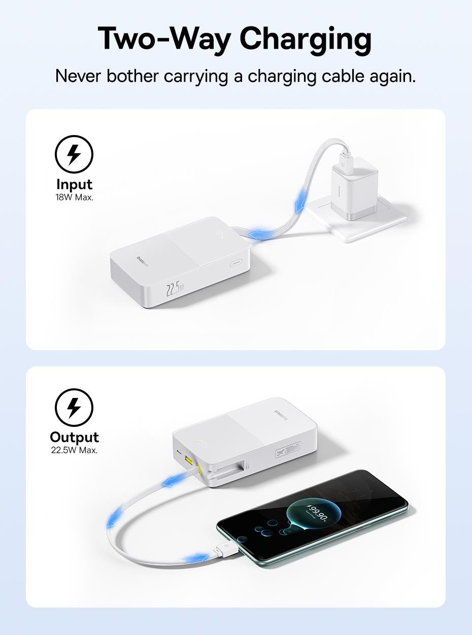 Baseus EnerFill Bipow2 Pro 20000mAh Dahili USB-C Kablolu, 22,5 W Hızlı Şarjlı, LED Ekranlı Powerbank, Beyaz