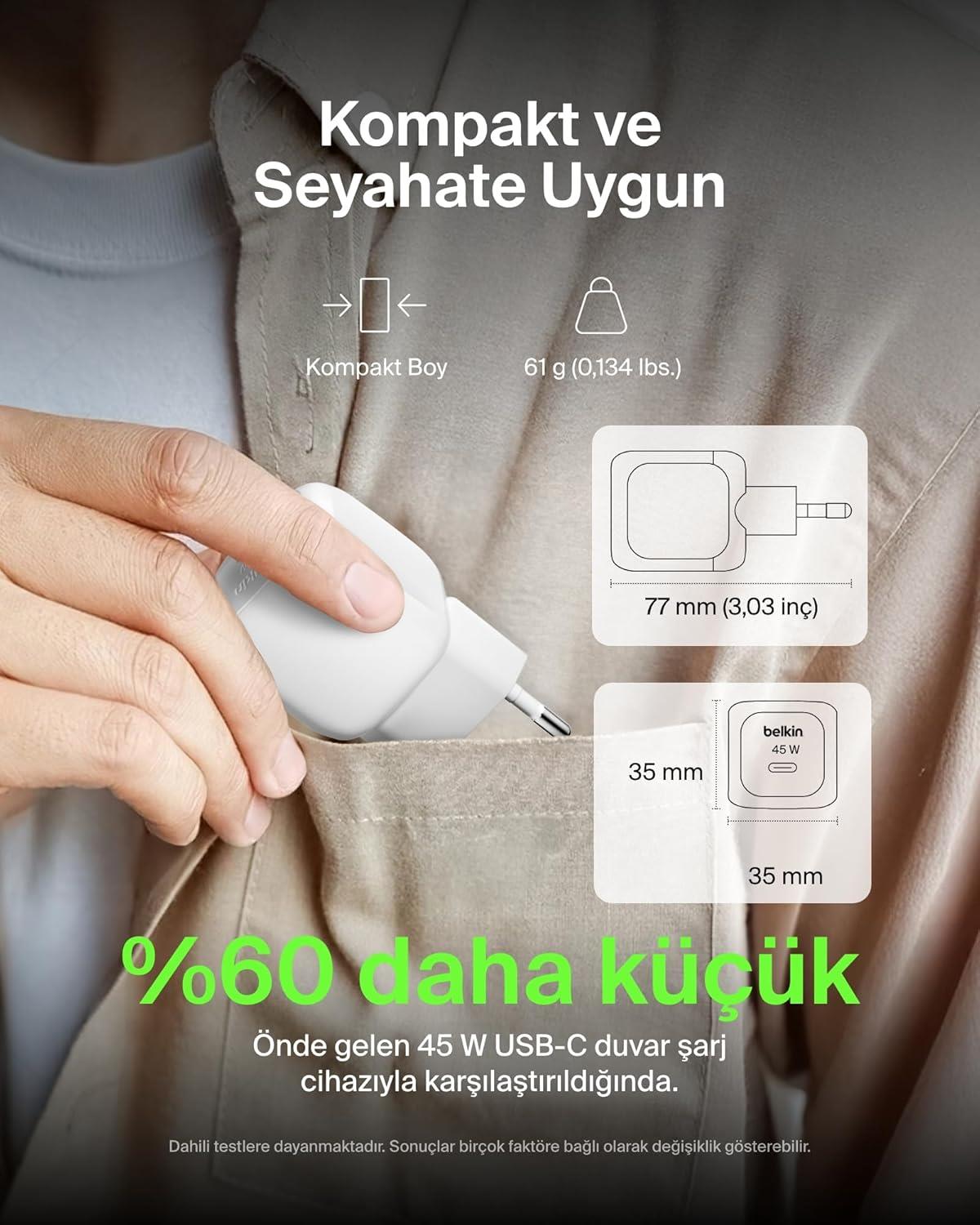 Belkin Kompakt 45 W USB-C Güç İletimli Hızlı Şarj, Beyaz