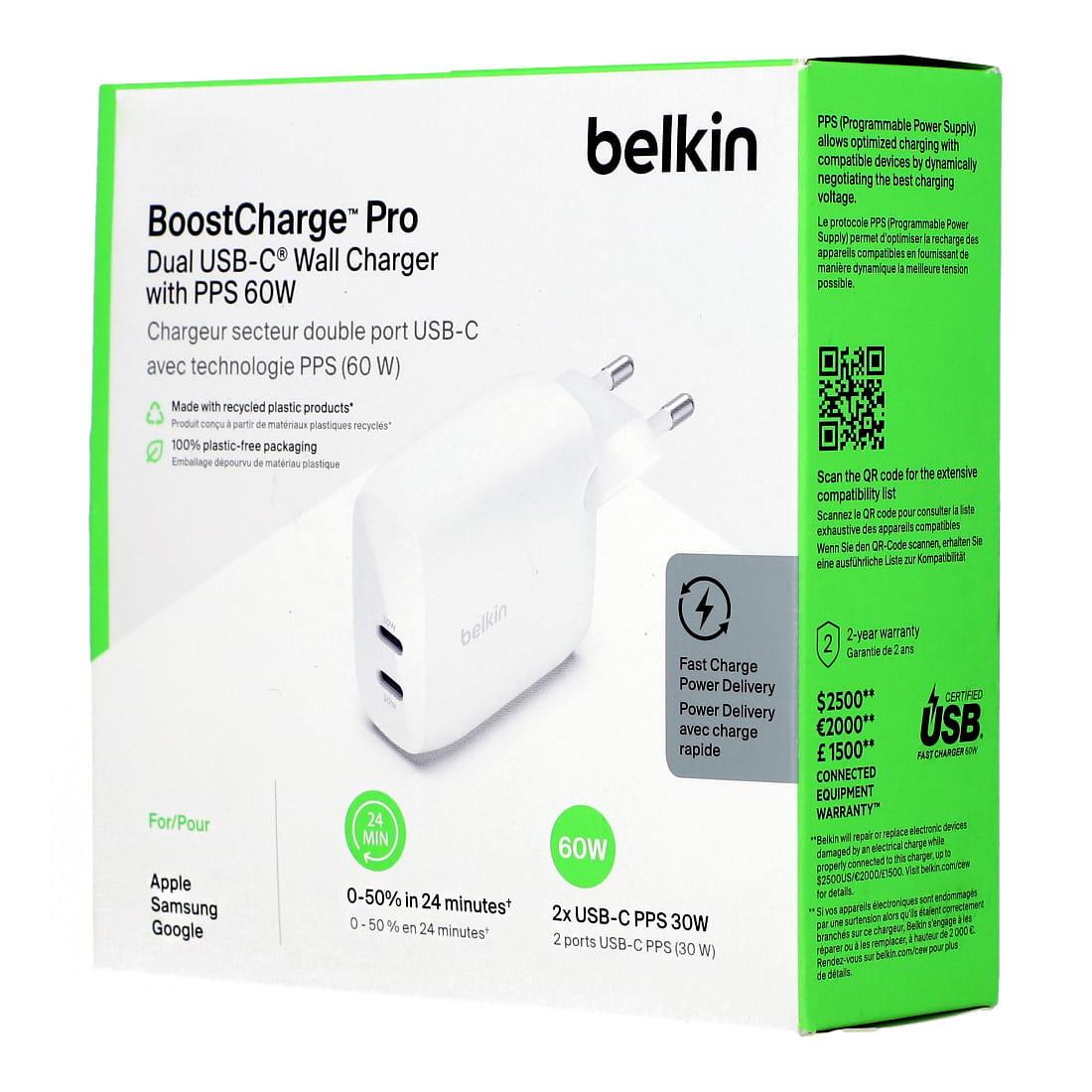 Belkin Boost Charge Çift USB-C  2x 30W USB-C PD 3.1 PPS 60W, Beyaz