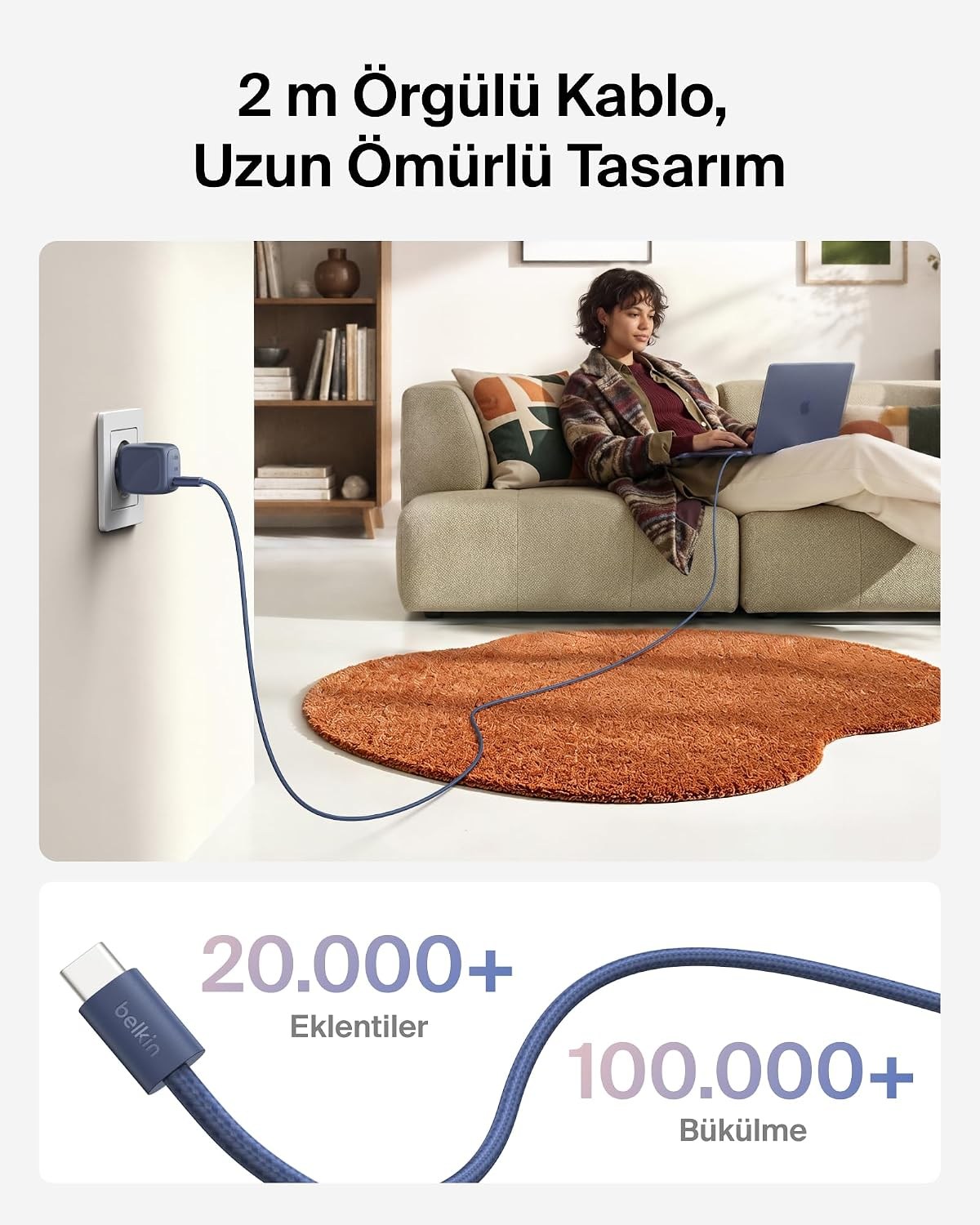Belkin BoostCharge 30 W USB-C GaN Şarj Cihazı + 2 m Örgülü USB-C Kablo dahil, Pembe