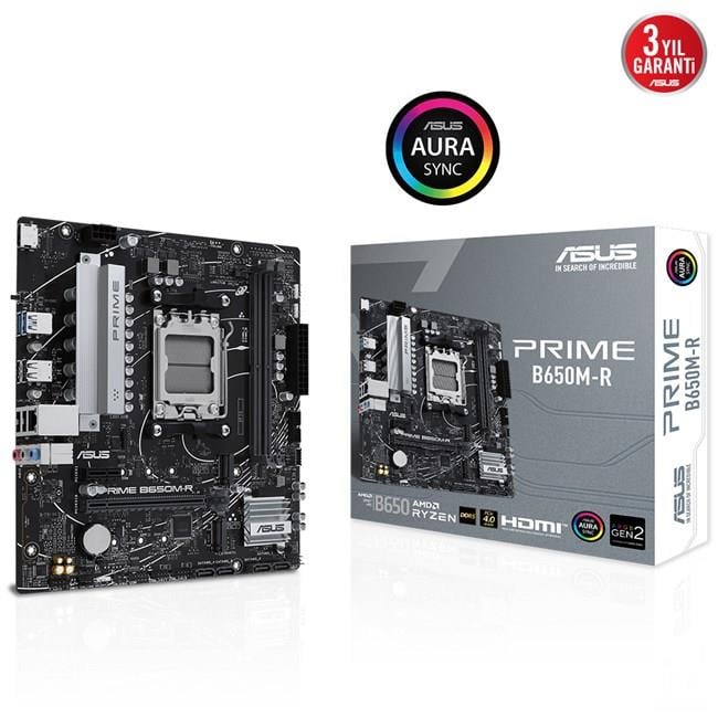ASUS MB PRIME B650M-R AMD B650 AM5 DDR5 7200 HDMI 2x M2 USB3.2 AURA RGB 2.5Gbit LAN mATX 96GB’a kadar ram desteği ASUS 5X PROTECTION III