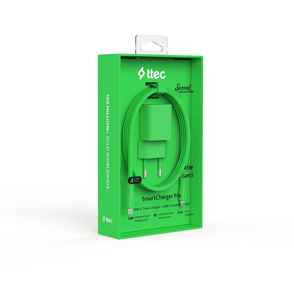 ttec SmartCharger GAN 45W AVS PD Seyahat Hızlı Şarj Aleti + USB-C - USB-C 3A Kablo Neon Neon Yeşil