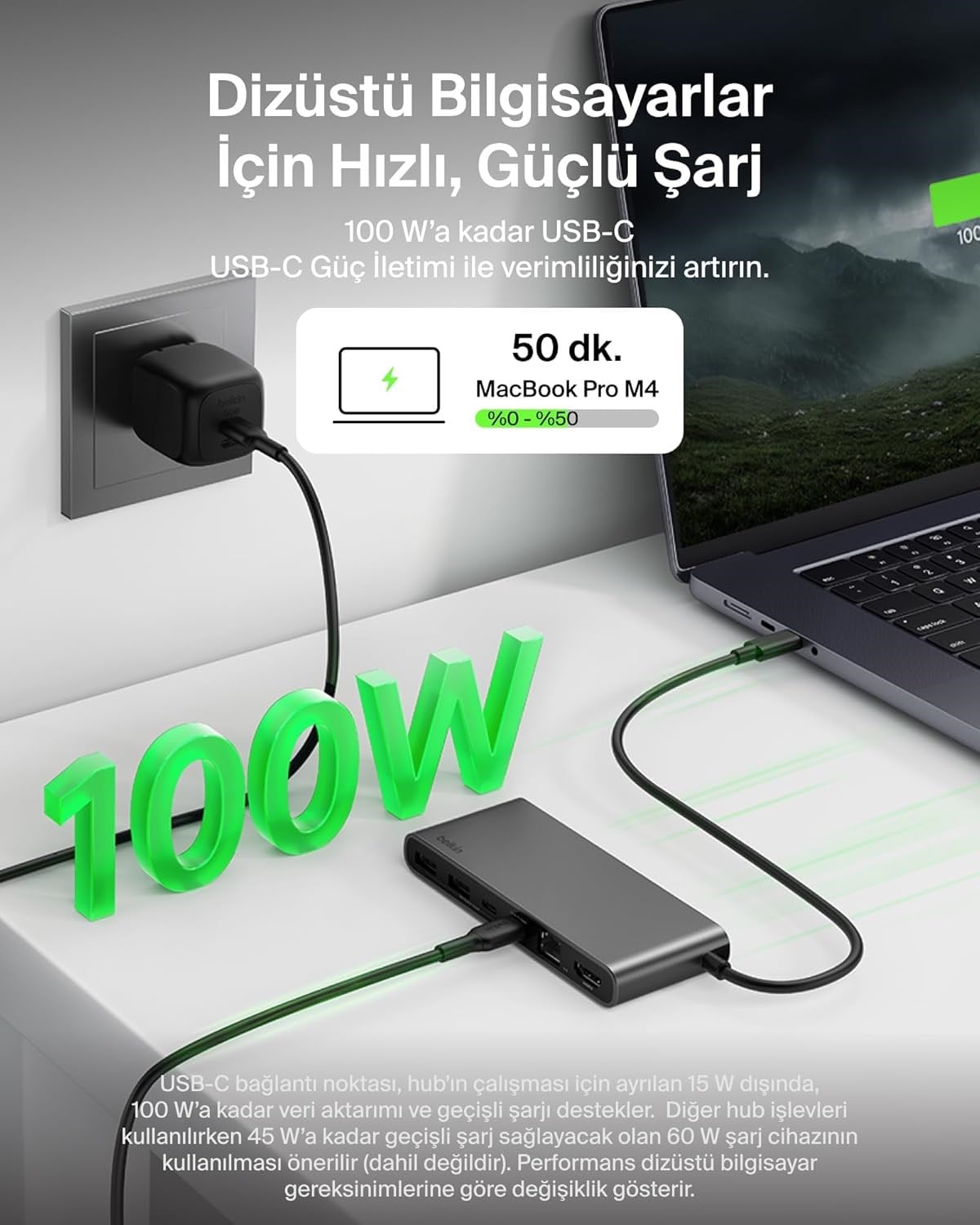 Belkin Connect 8 Portlu USB-C Hub, 4K@60Hz'100 W PD, 10 Gbps veri aktarım hızı ve 2,5 Gbps Ethernet - Gri