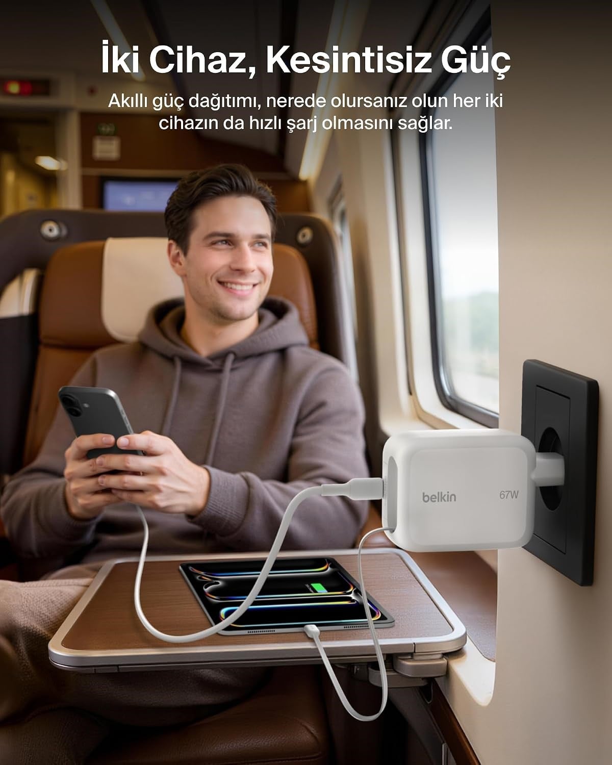 Belkin UltraCharge 67 W GaN Şarj Aleti, 0,8 m Geri Çekilebilir USB-C Kablo ile, Beyaz