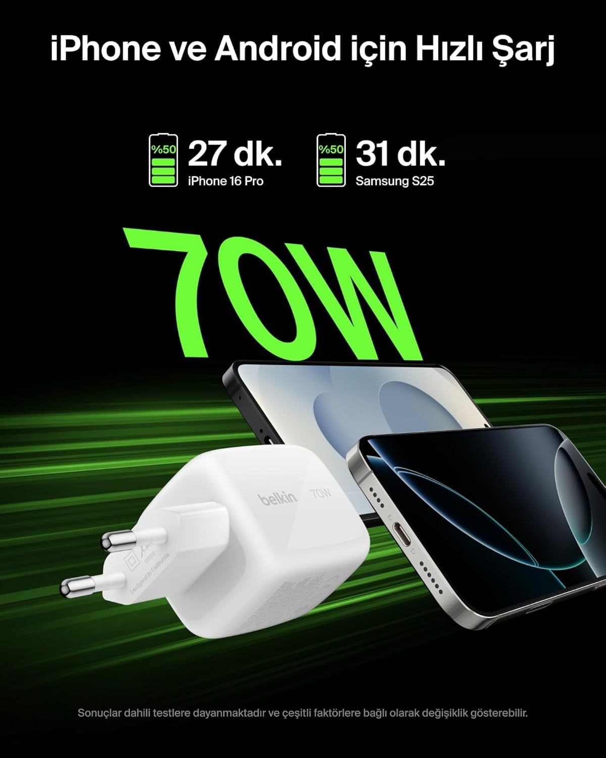 Belkin 3 Bağlantı Noktalı USB-C Şarj Cihazı, 70 W, 2x USB-C ve 1x USB-A GaN