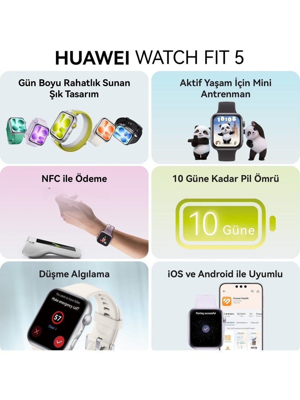 Huawei Watch Fit 5 Siyah + Freebuds SE 2 Beyaz Kulaklık Hediyeli