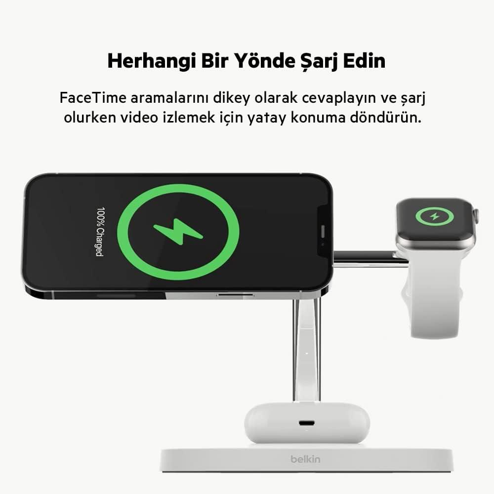 Belkin Magsafe 3 in 1 Apple Ürünleri için Kablosuz Şarj Cihazı WIZ009VFWH - Beyaz 