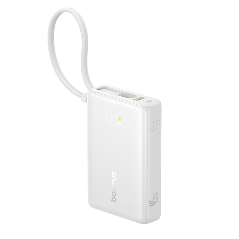 Baseus PicoGo 10000mAh 45W Dahili Kablolu Dijital Ekranlı Powerbank – Beyaz