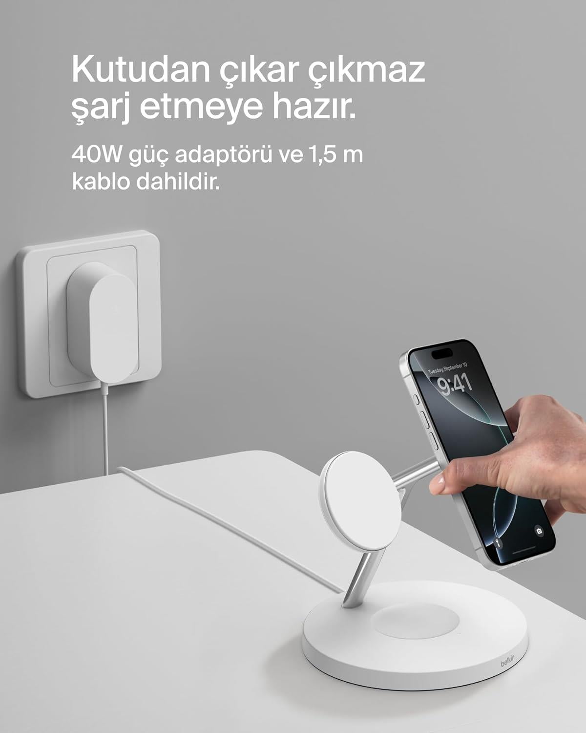Belkin BoostCharge 3'ü 1 Arada, Qi2 MagSafe Kablosuz Şarj İstasyonu, Beyaz