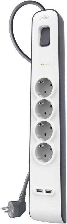Belkin Surge Plus 4'lü Priz, yüksek gerilim korumalı (2,4 A, 2 m kablolu 2 USB bağlantısı dahil) 