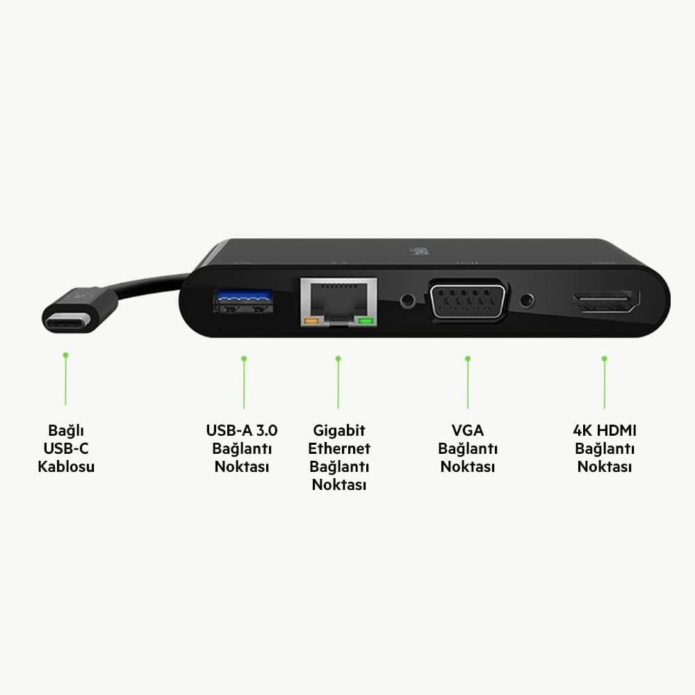 Belkin USB-C Multimedia Adaptörü VGA, 4K HDMI, USB 3.0, Ethernet Bağlantı Noktalı USB-C Hub
