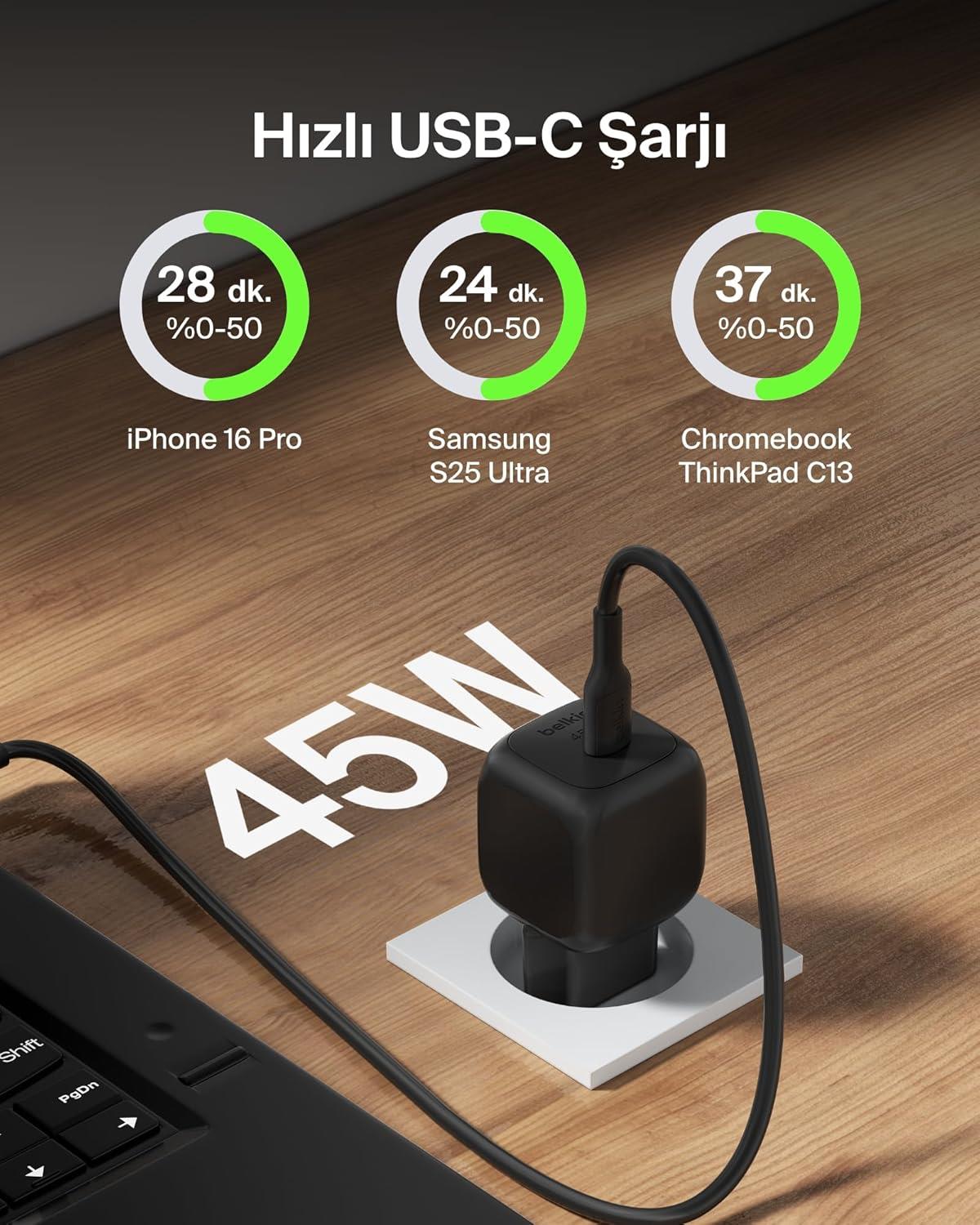 Belkin Kompakt Duvar Şarj Cihazı 45 W + USB-C - USB-C Kablosu, Siyah