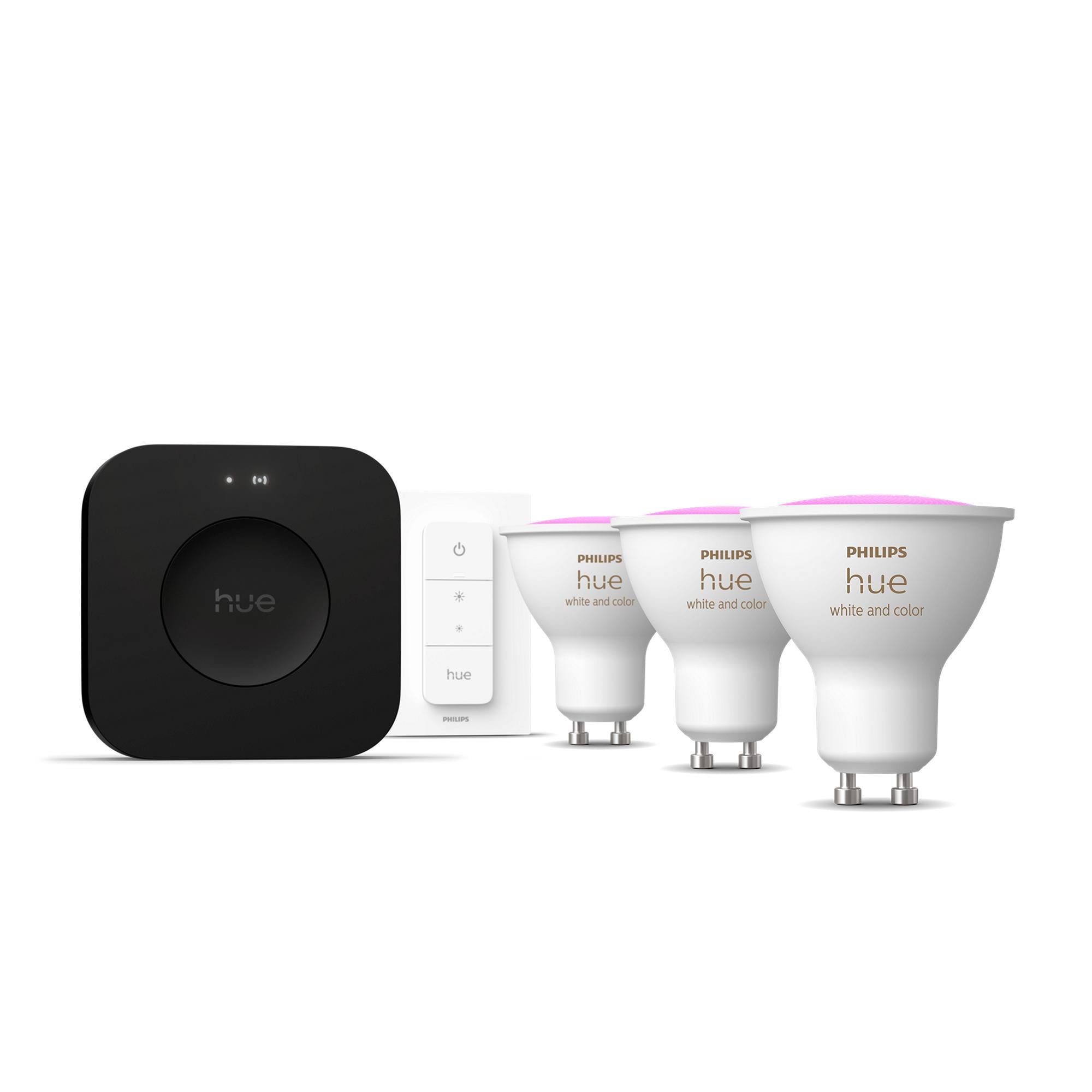 Philips Hue GU10 3'lü Spot Başlangıç Seti, Bridge Pro ve Dimmer Switch dahildir.