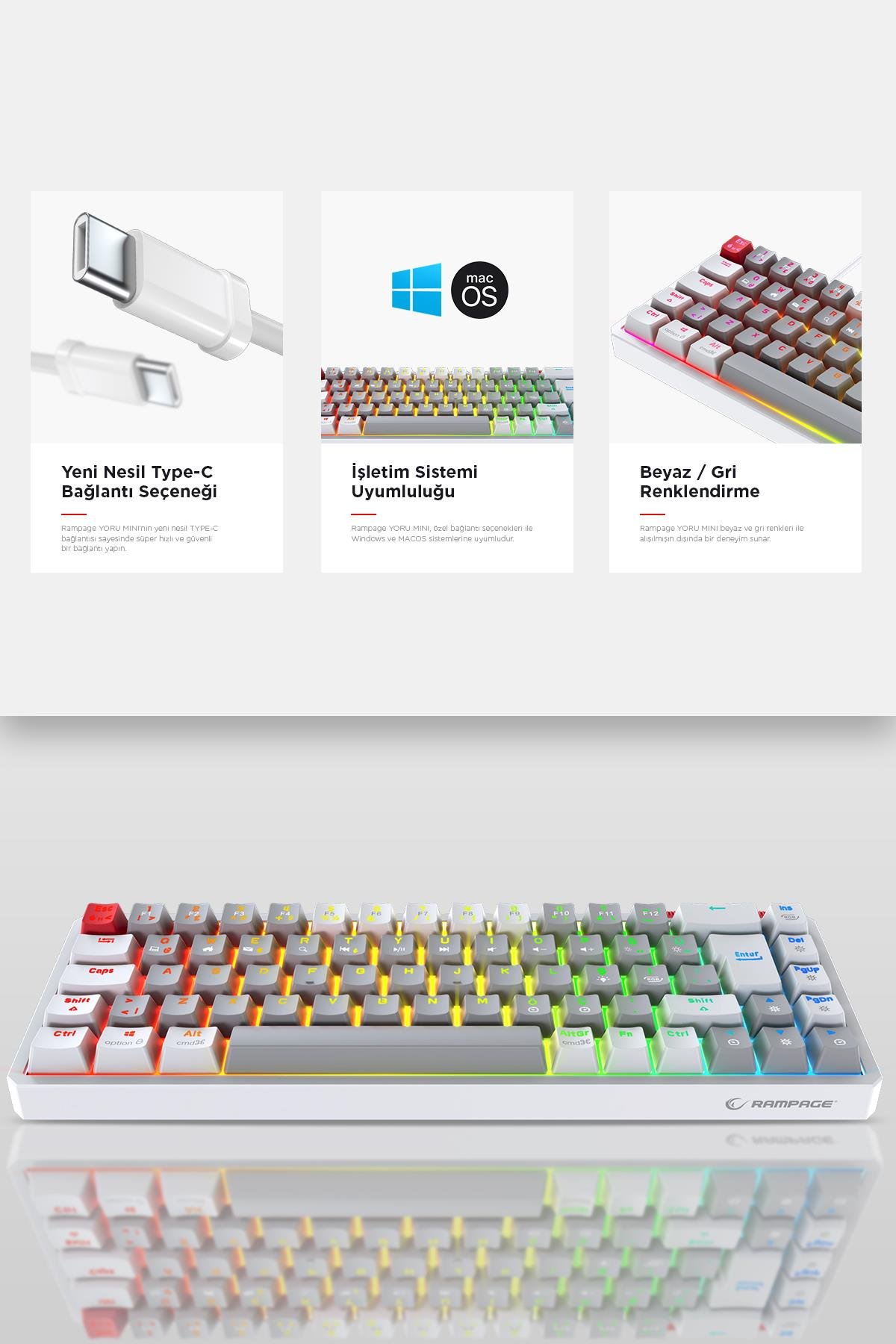 Rampage YORU Mini Gri/Beyaz Type-C Bağlantılı OUTEMU Red Swich Q Mekanik Gaming Oyuncu Klavye RGB