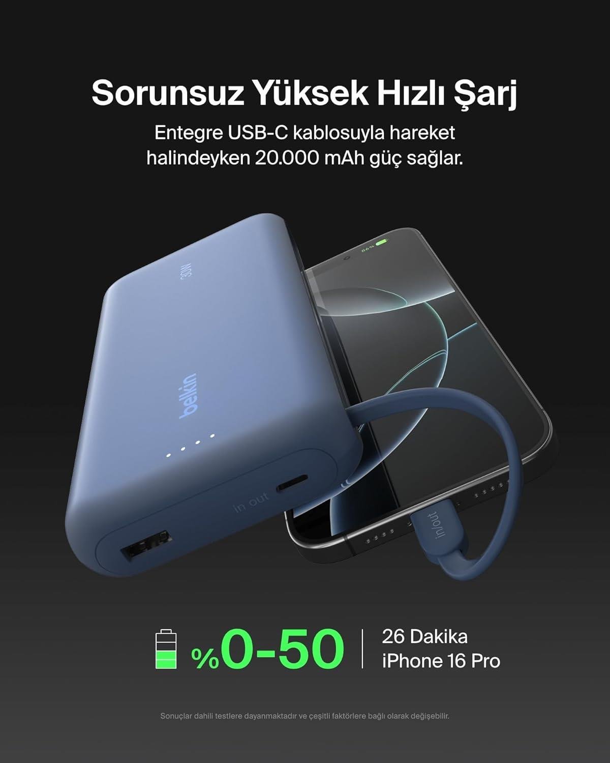 Belkin BoostCharge Powerbank, 20K Entegre Kablolu Taşınabilir Güç Kaynağı, 30 W Güç İletimli Hızlı Şarj, USB-C, Mavi